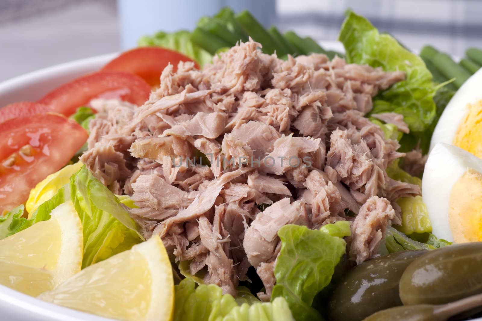 Close up of a salad Nicoise with flaked tuna.