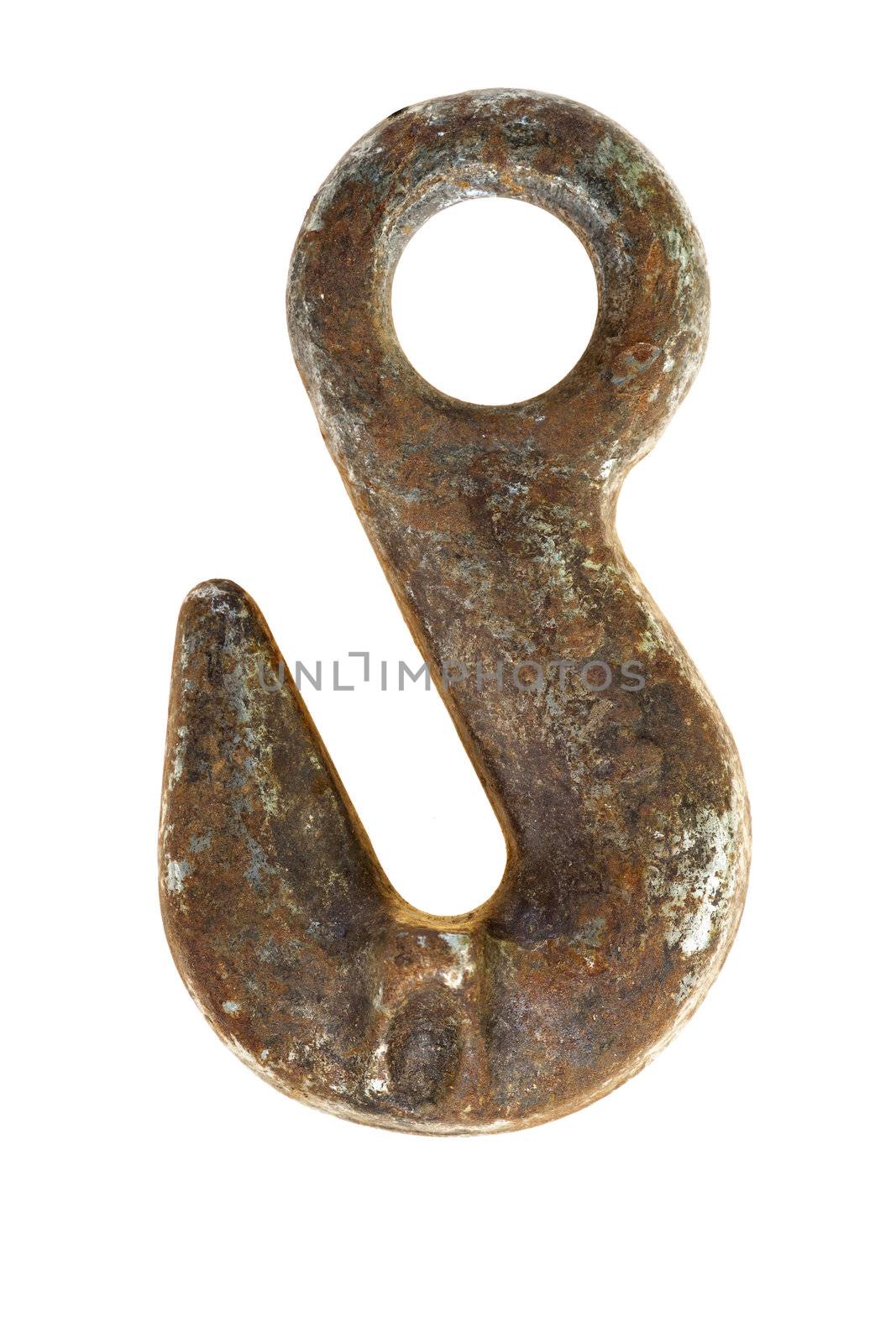 Detail of the old rusty hook on white background