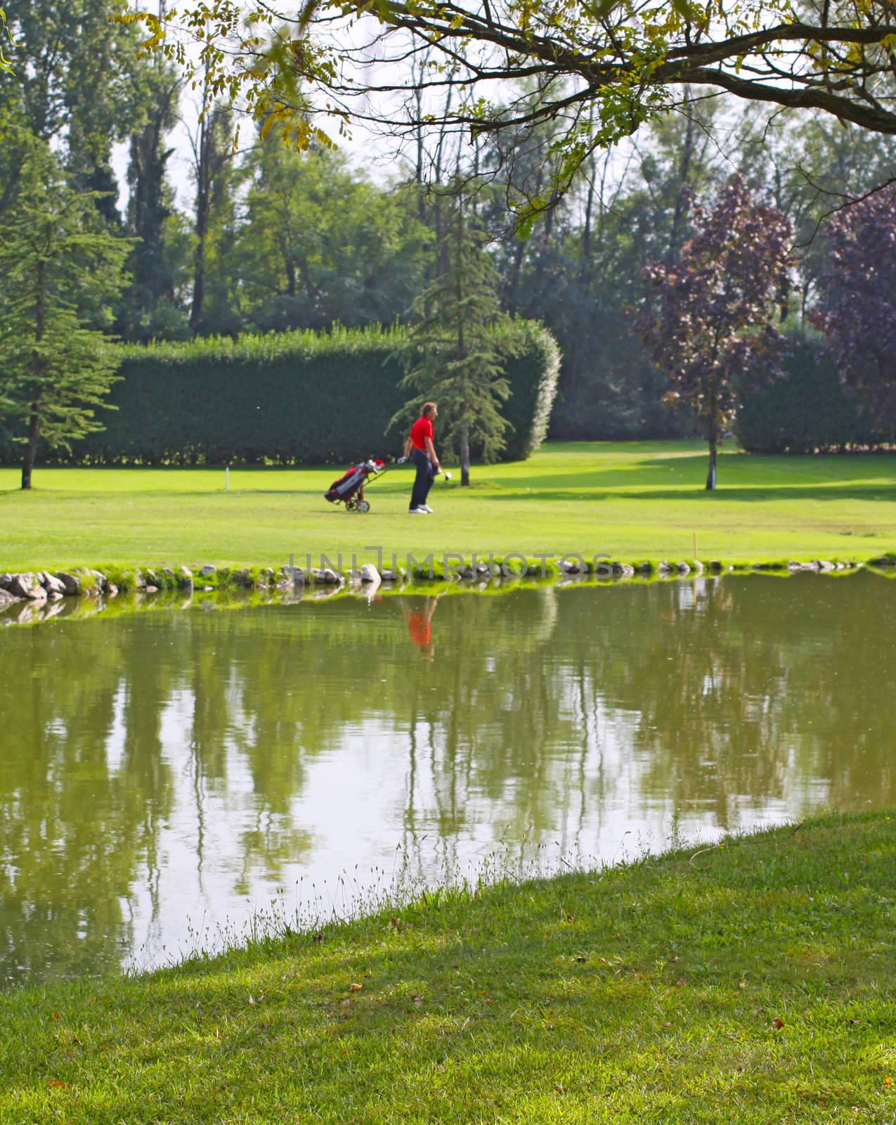 Image of a little lake in a golf course, with man walking in the back