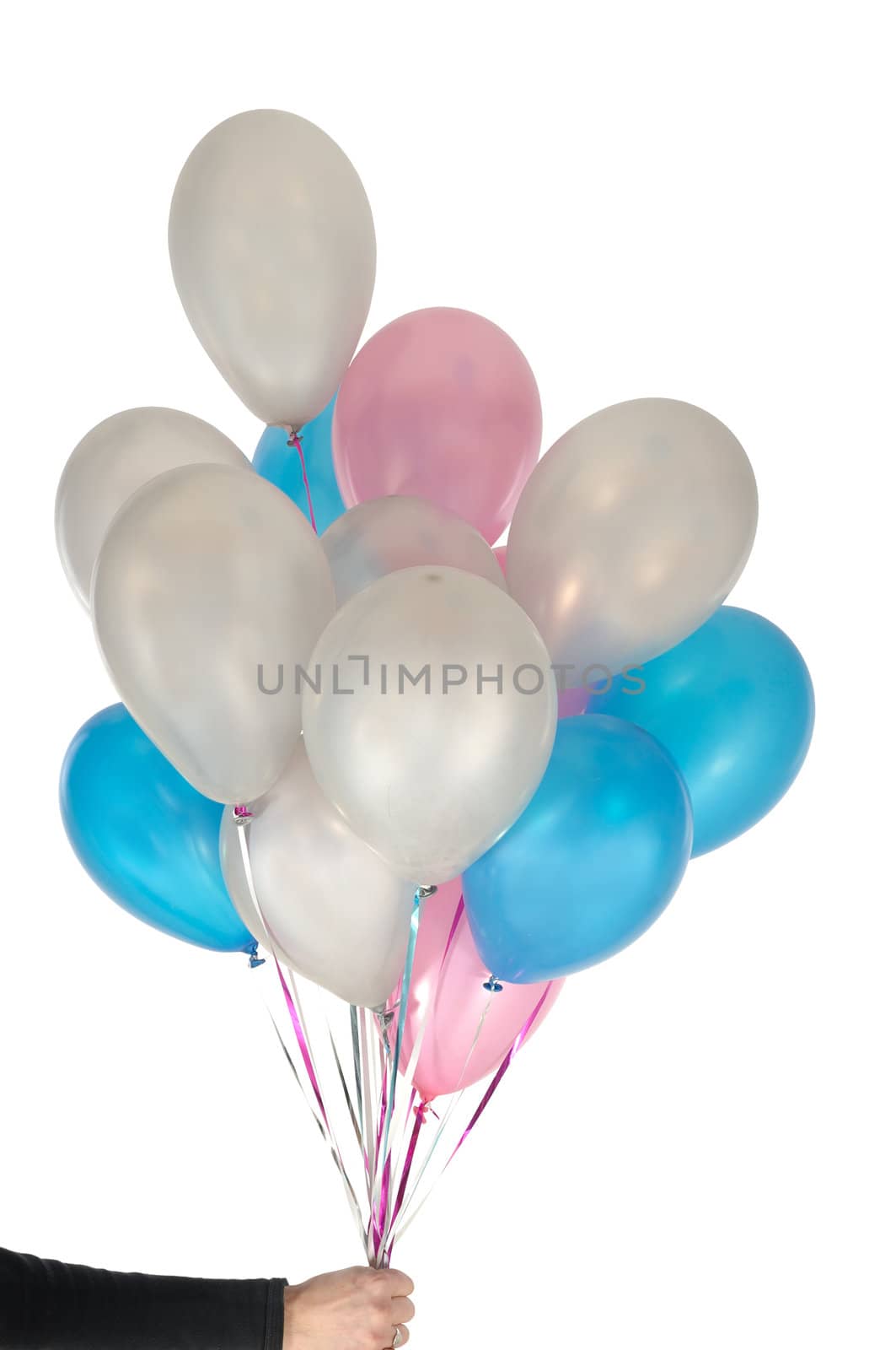 Hand is holding many ballons. On clean white background.