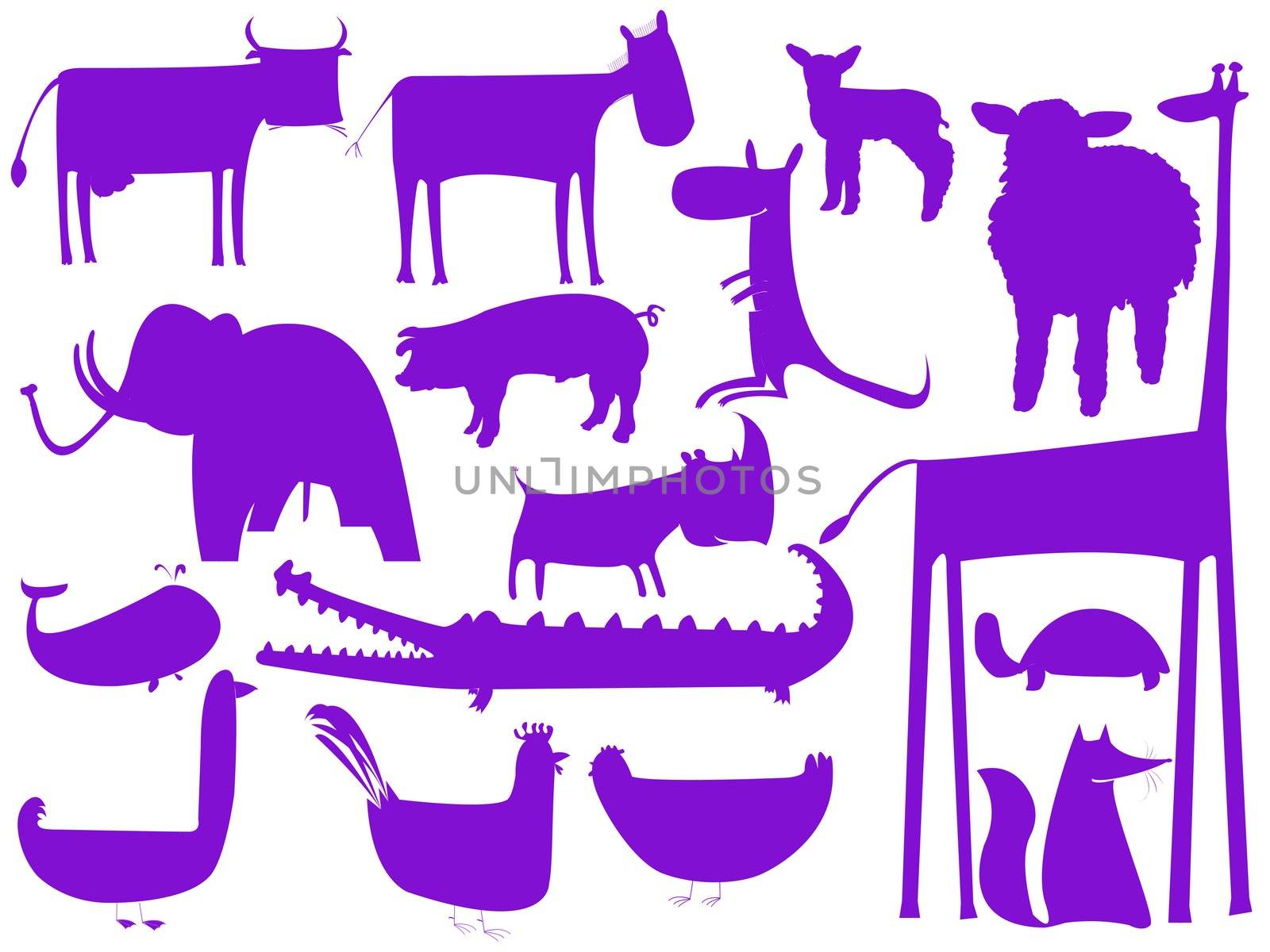 animal purple silhouettes isolated on white, vector art illustration