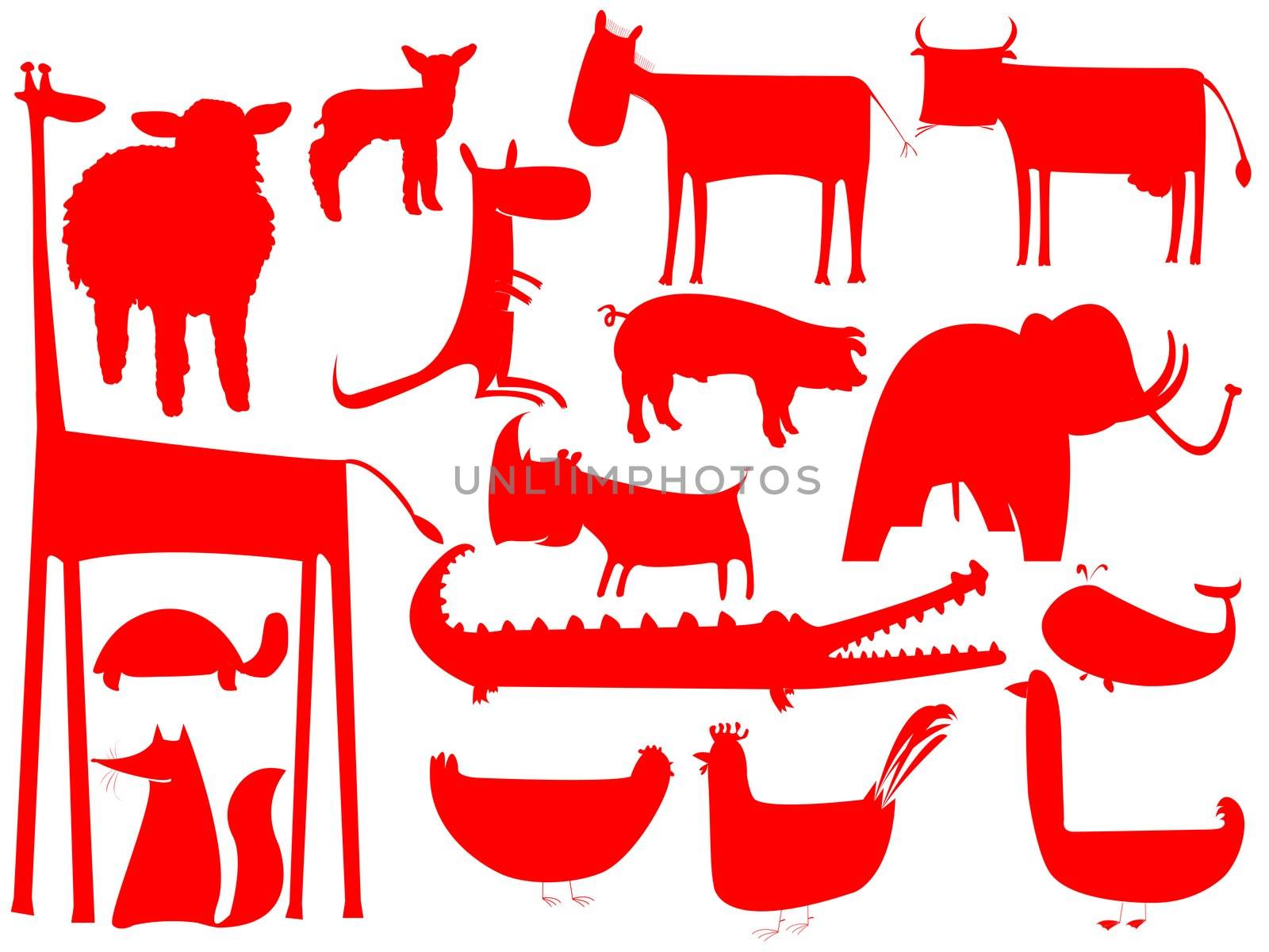 animal red silhouettes isolated on white background, vector art illustration