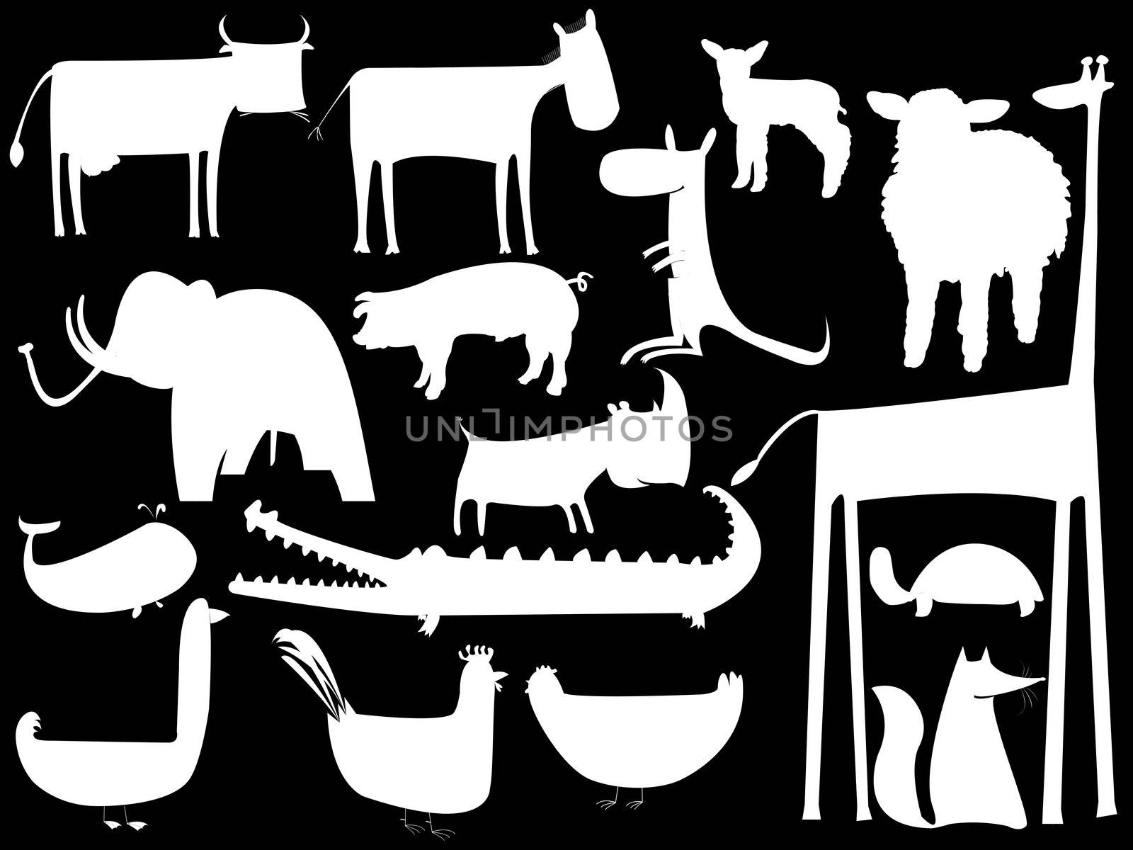 animal white silhouettes isolated on black background by robertosch