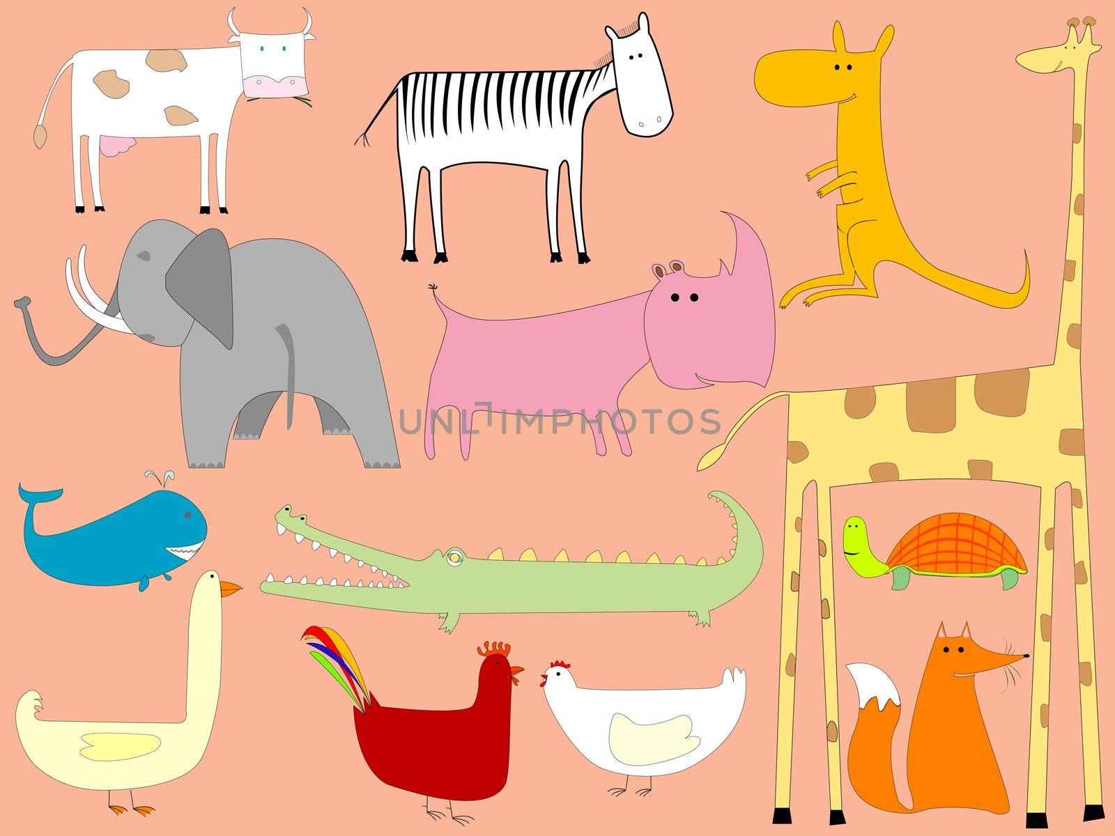 cartoon drawing with animals, art illustration; for vector format please visit my gallery