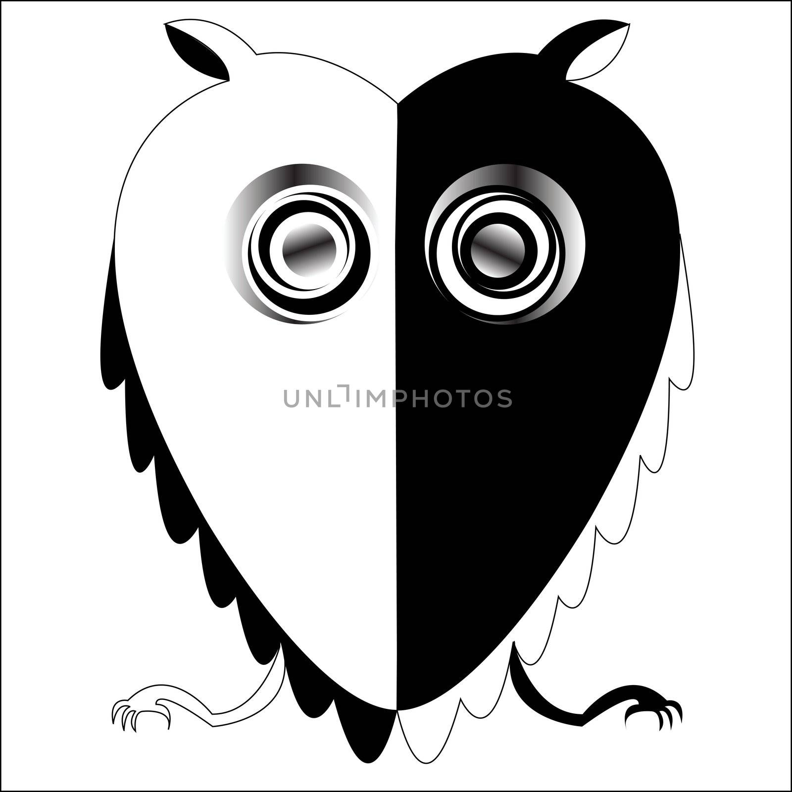 black and white owl, vector art illustration; more drawings in my gallery