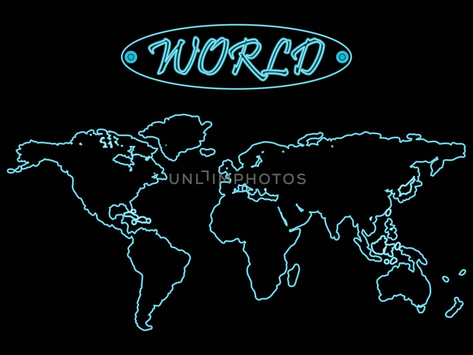 blue neon world map over black background, abstract vector art illustration