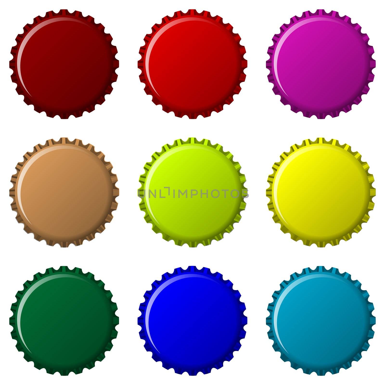 bottle caps in colors isolated on white background, abstract vector art illustration