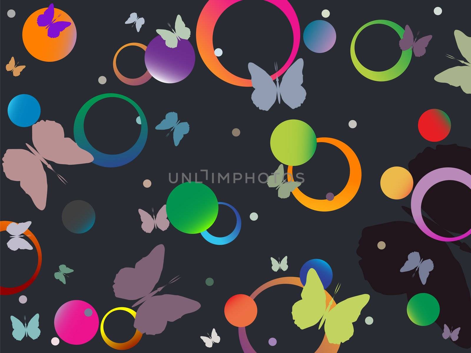 butterflies and bubbles in retro colors, abstract art illustration