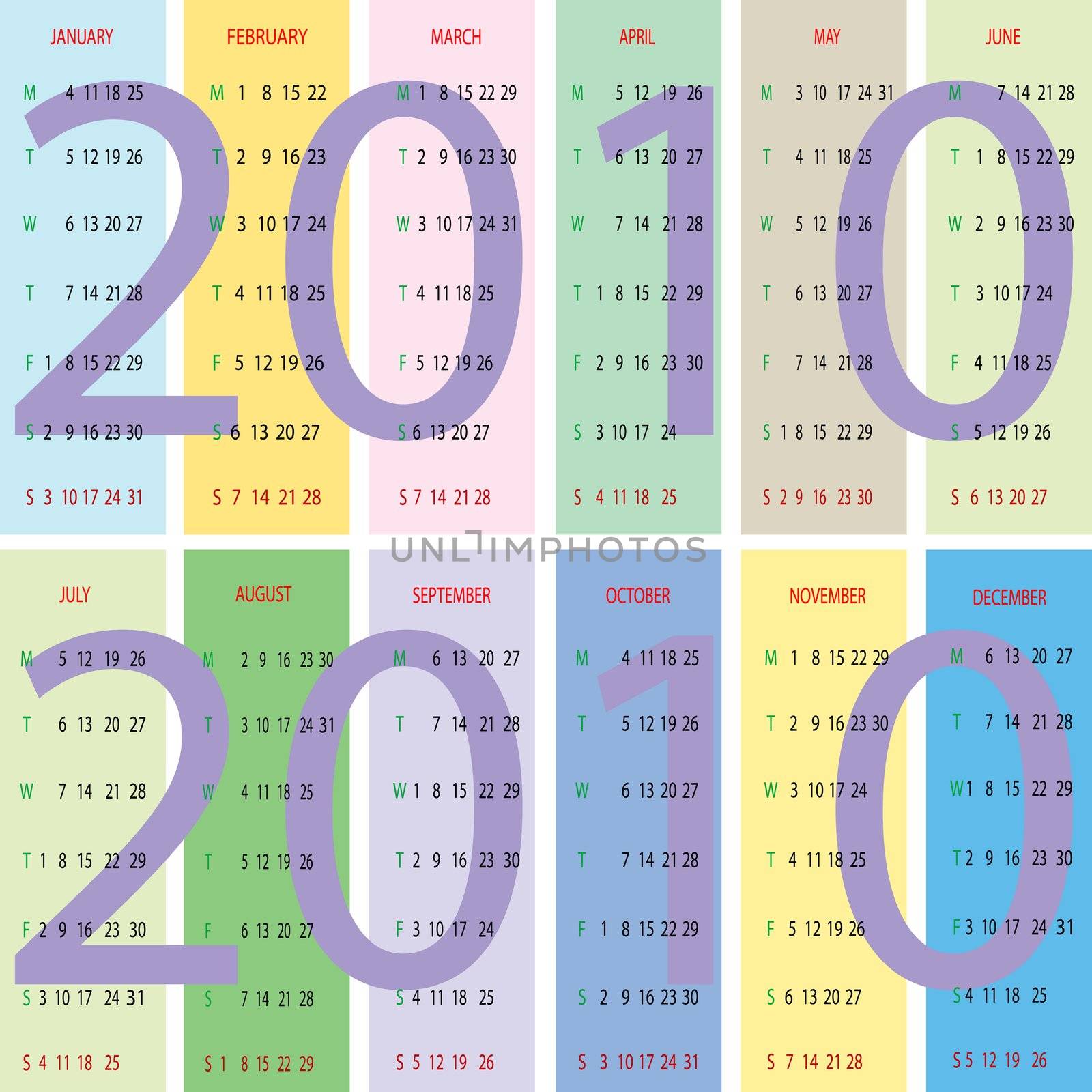 calendar 2010 with pastel background, vector art illustration