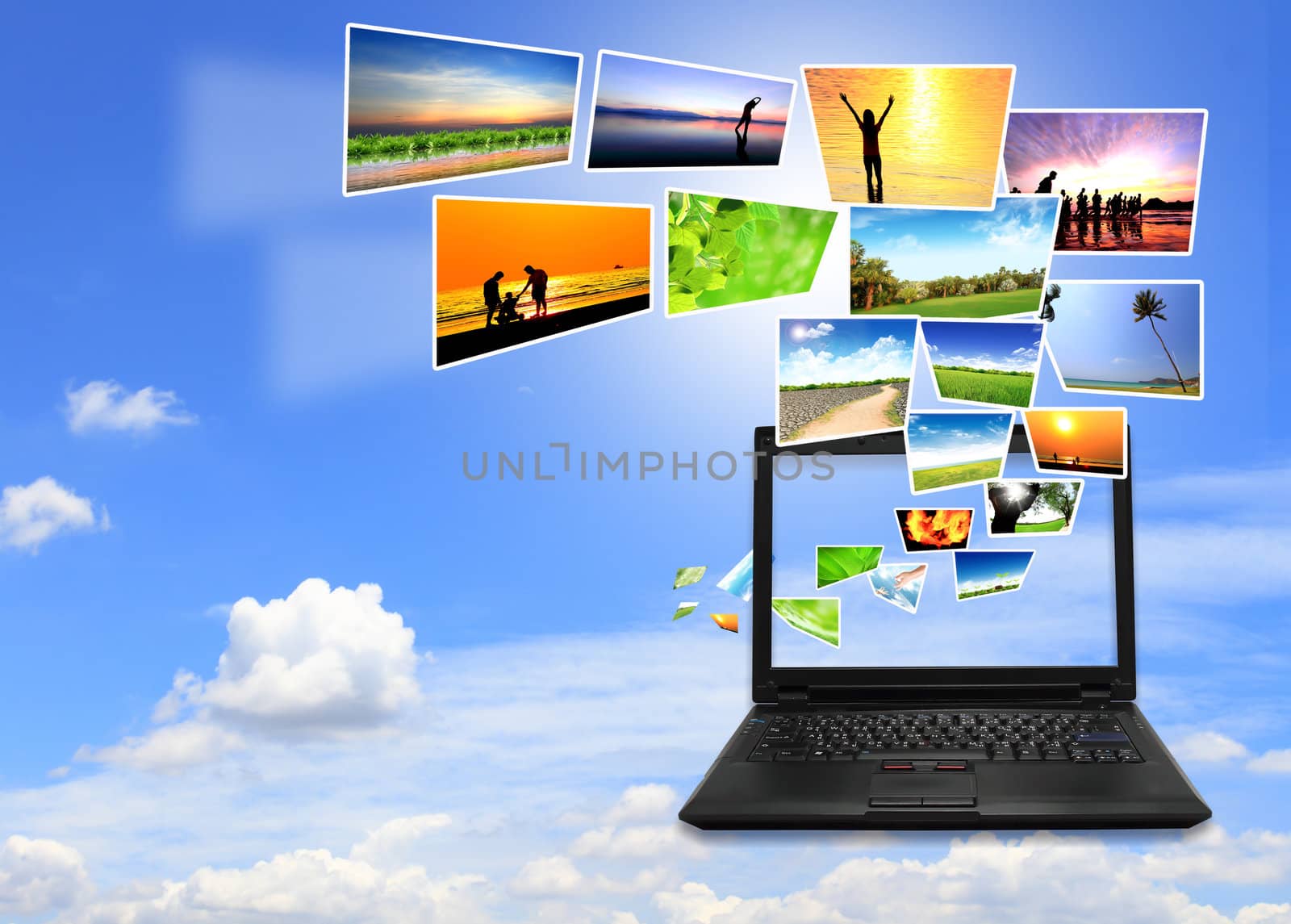 Colorful collage of laptop against green nature background by rufous
