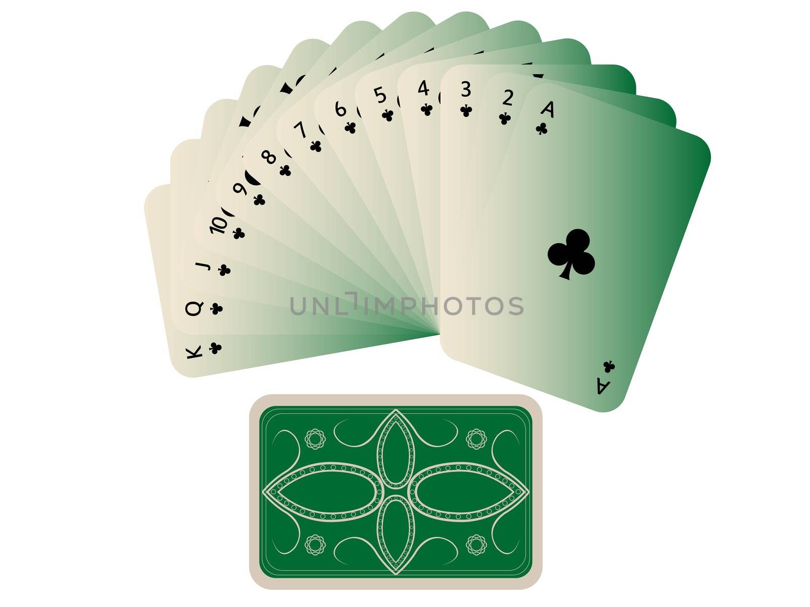 clubs cards fan with deck isolated on white, abstract art illustration