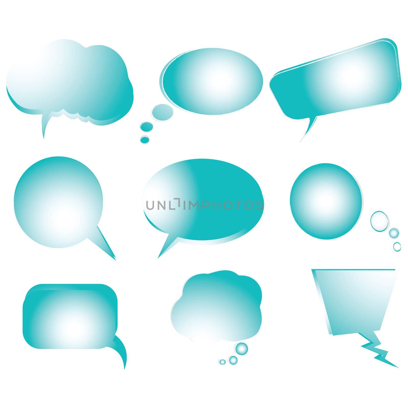 Collection of stylized blue text bubbles, vector isolated objects on white, vector art illustration