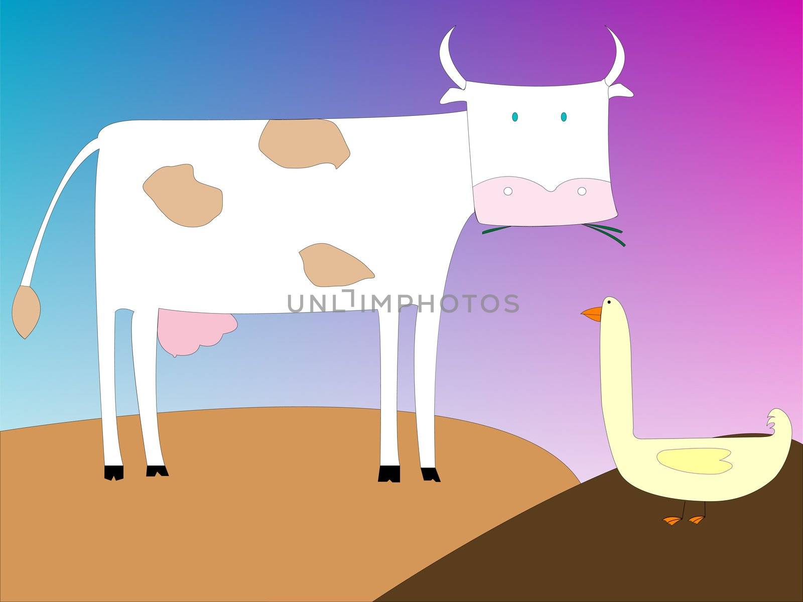 drawing of a cow and goose, vector art illustration; more drawings in my gallery