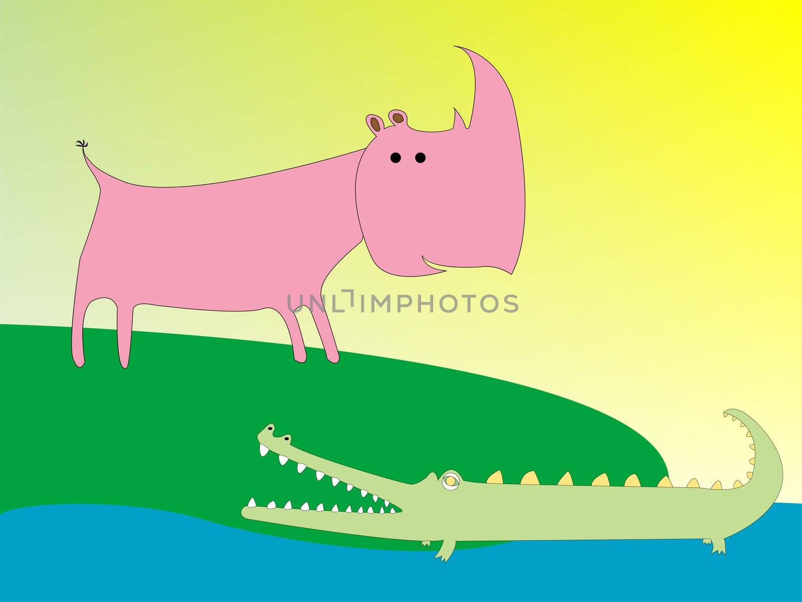 drawing of a crocodile and rhino, vector art illustration; more drawings in my gallery