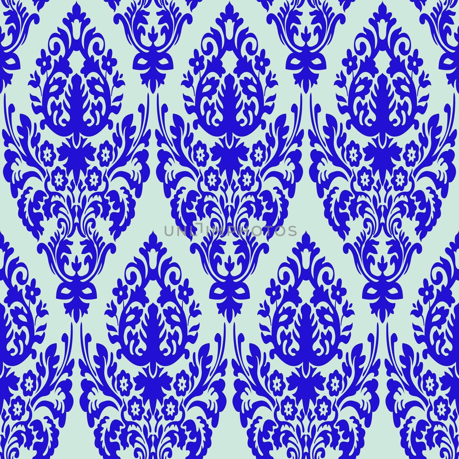 damask blue seamless texture, abstract pattern; vector art illustration
