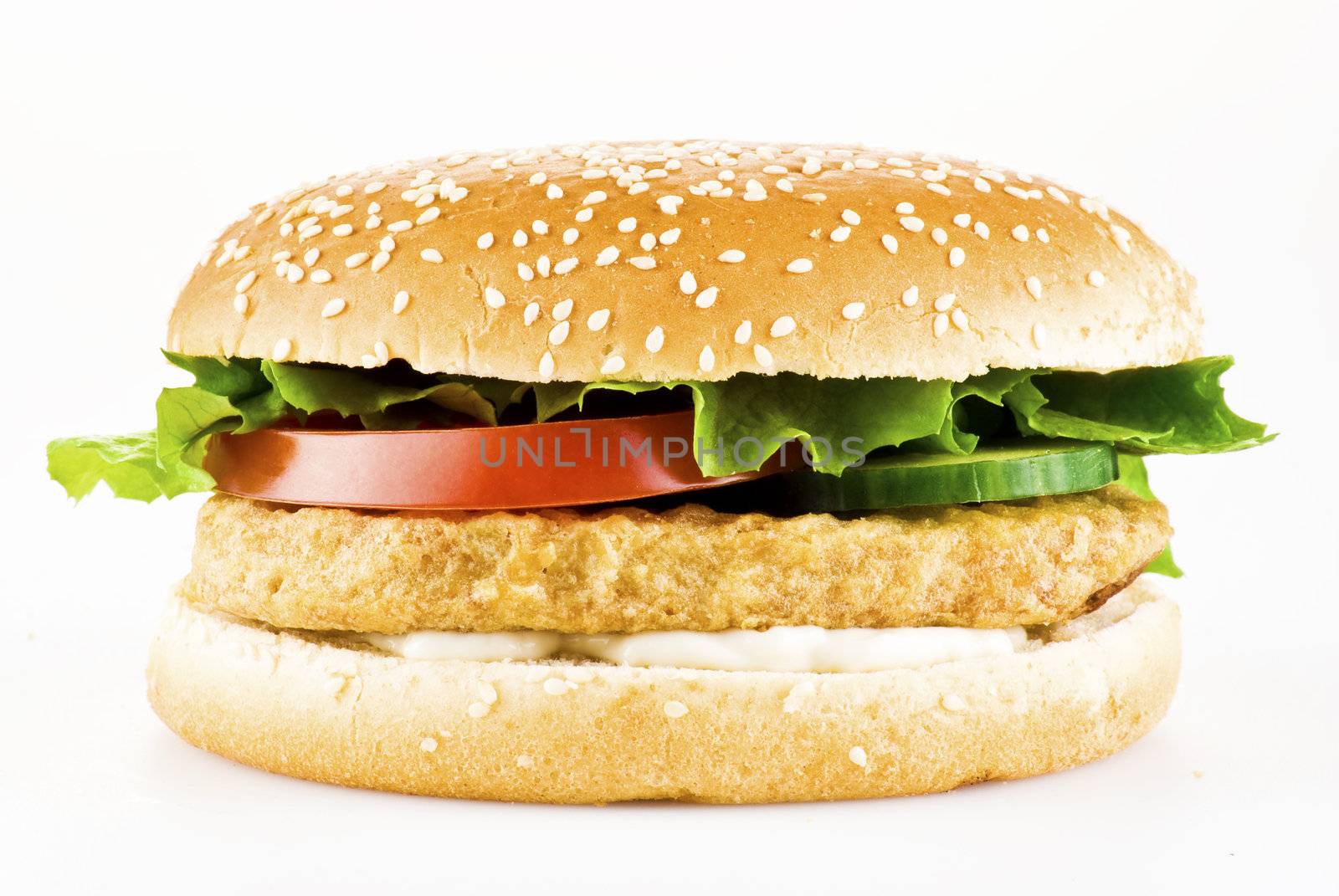 Chicken burger with tomato cucumber lettuce and mayonnaise over white