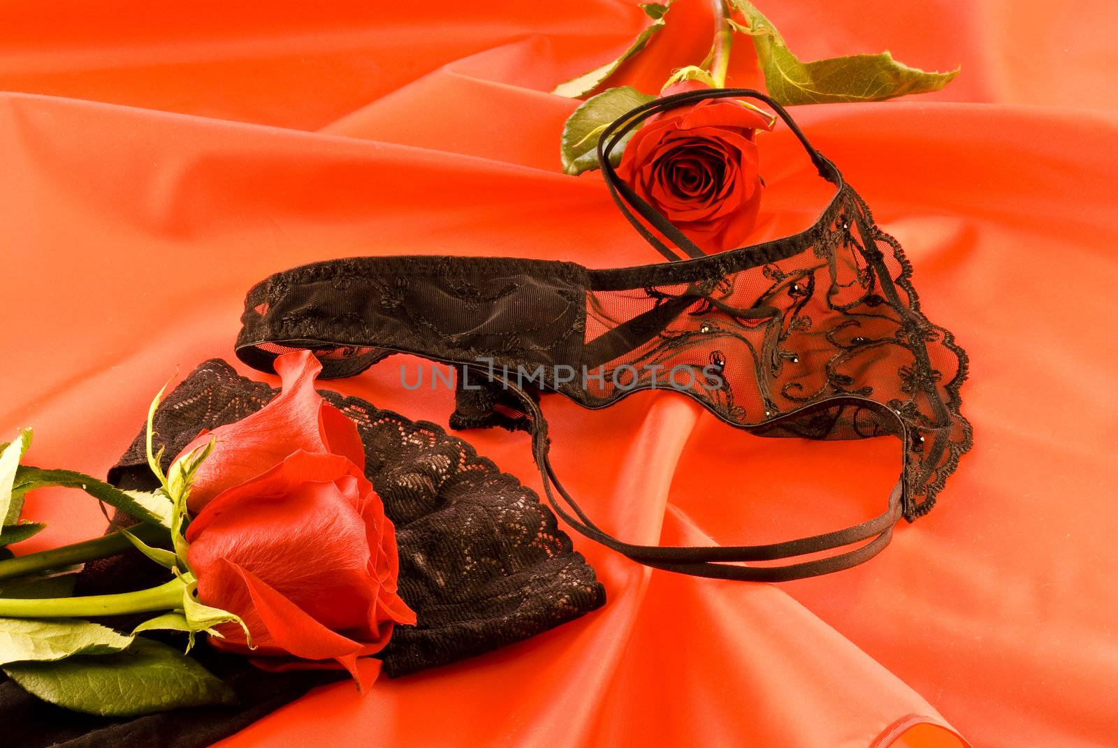 Black strings and stockings with red roses on red background