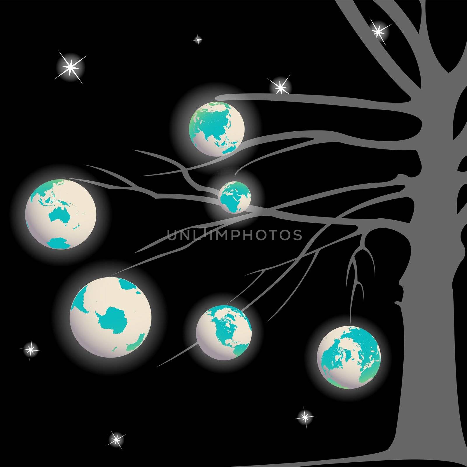 earth globes tree, abstract vector art illustration