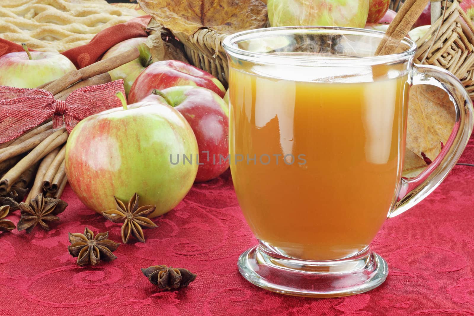 Hot apple cider with cinnamon bark, anise stars and fresh apples. Shallow depth of field with selective focus on cider.
