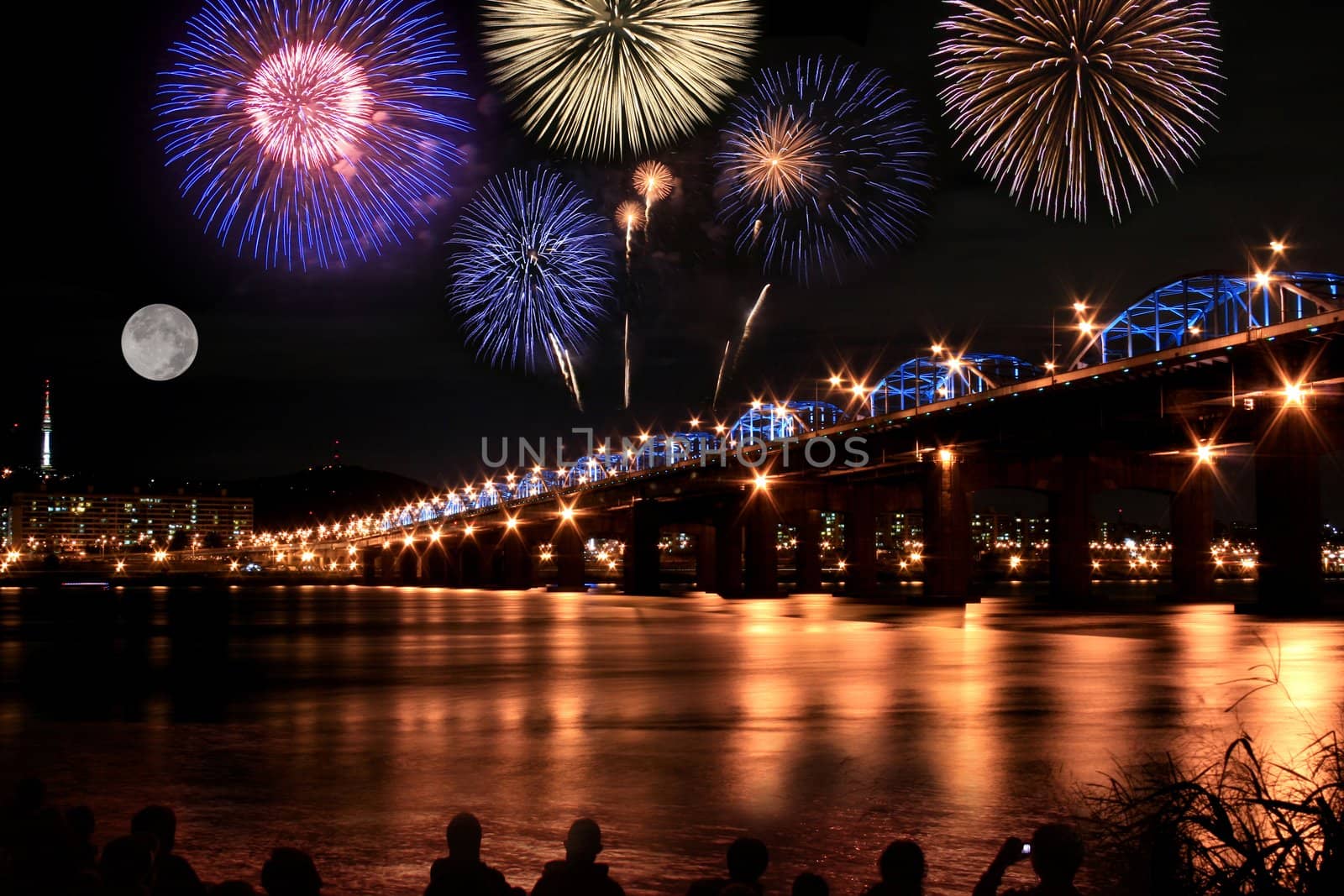 Spectacular Fireworks at Han River in full moon by sacatani