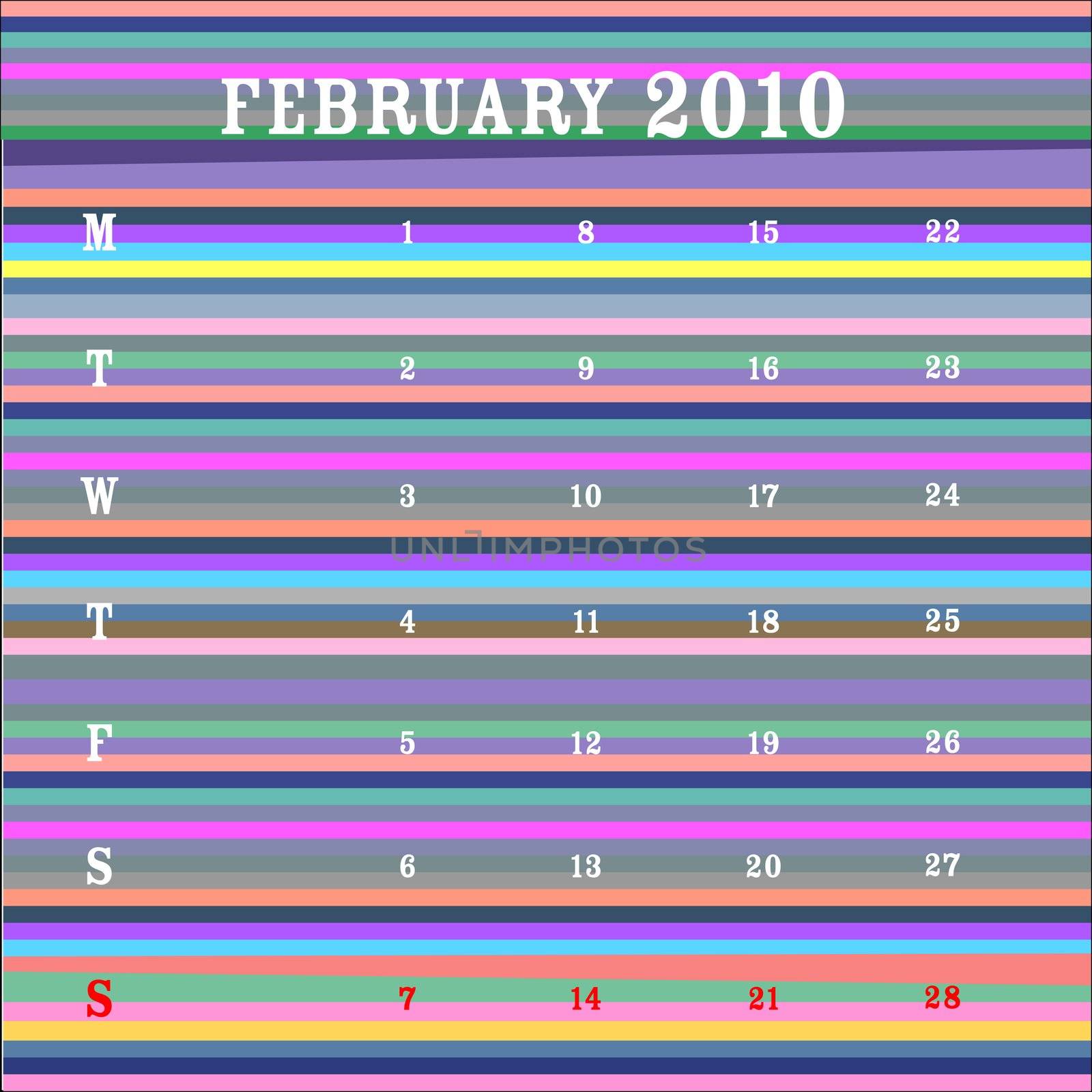 february 2010 calendar, vector art illustration