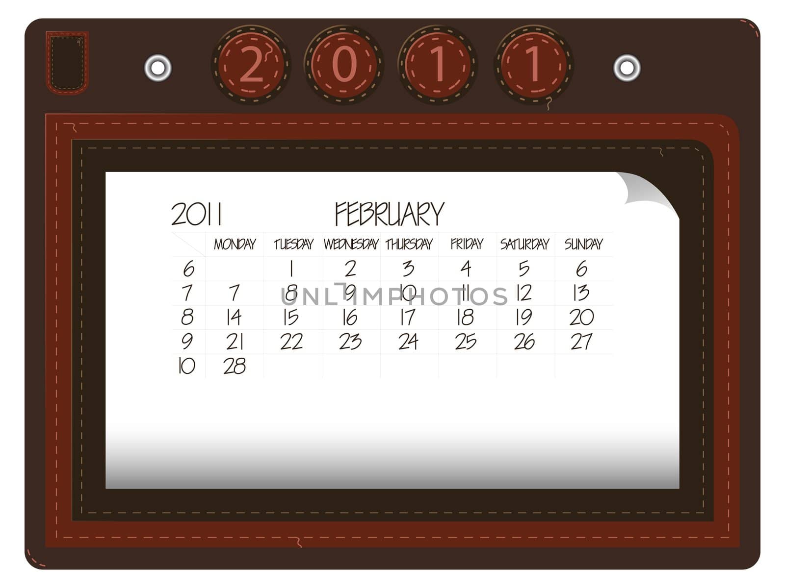 february 2011 leather calendar against white background, abstract vector art illustration