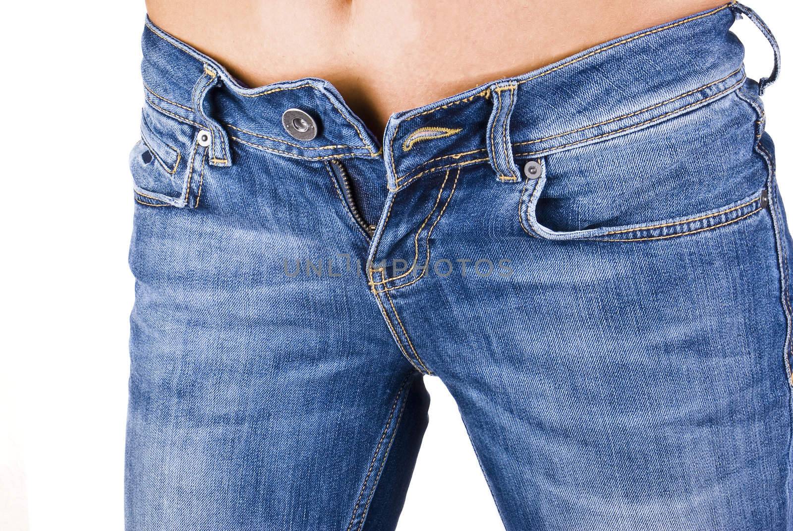 women wearing a pair of blue jeans against white background