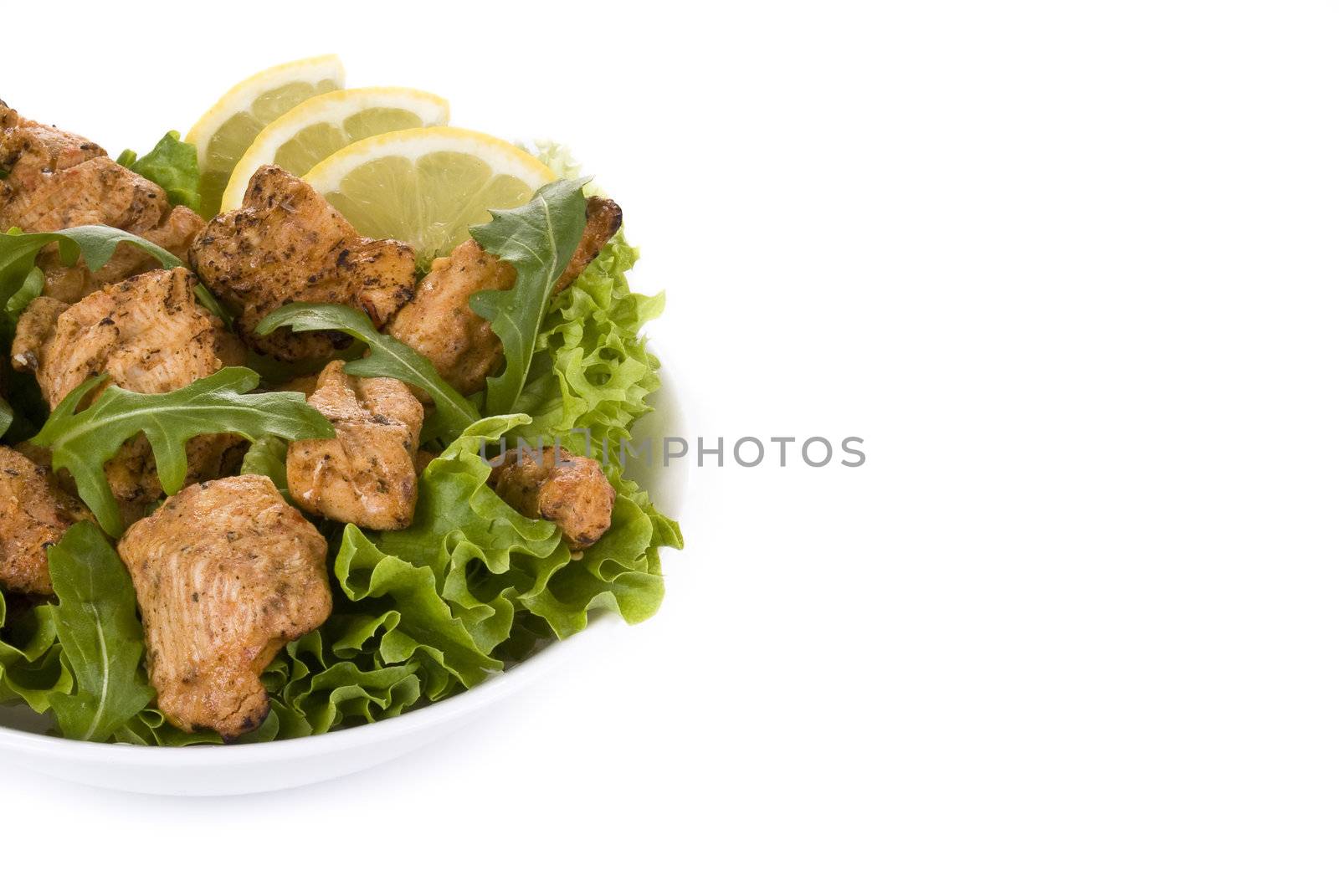 Fresh chicken salad isolated on white background
