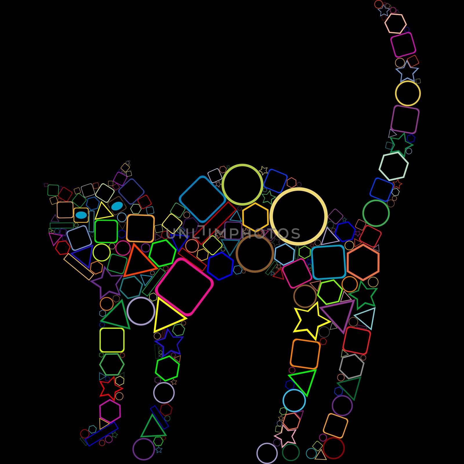 geometric cat isolated on black background, abstract art illustration