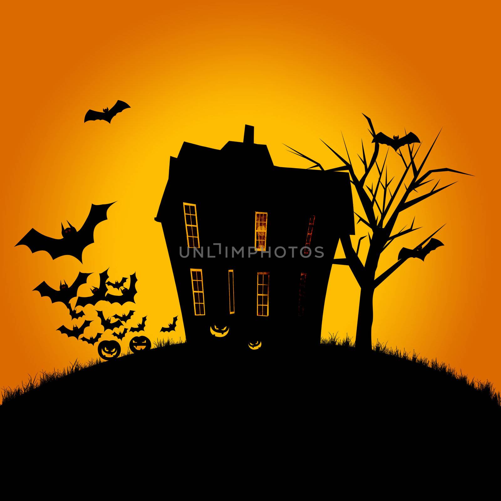 Halloween poster of a haunted house, pumpkins and flying bats. Room for text.
