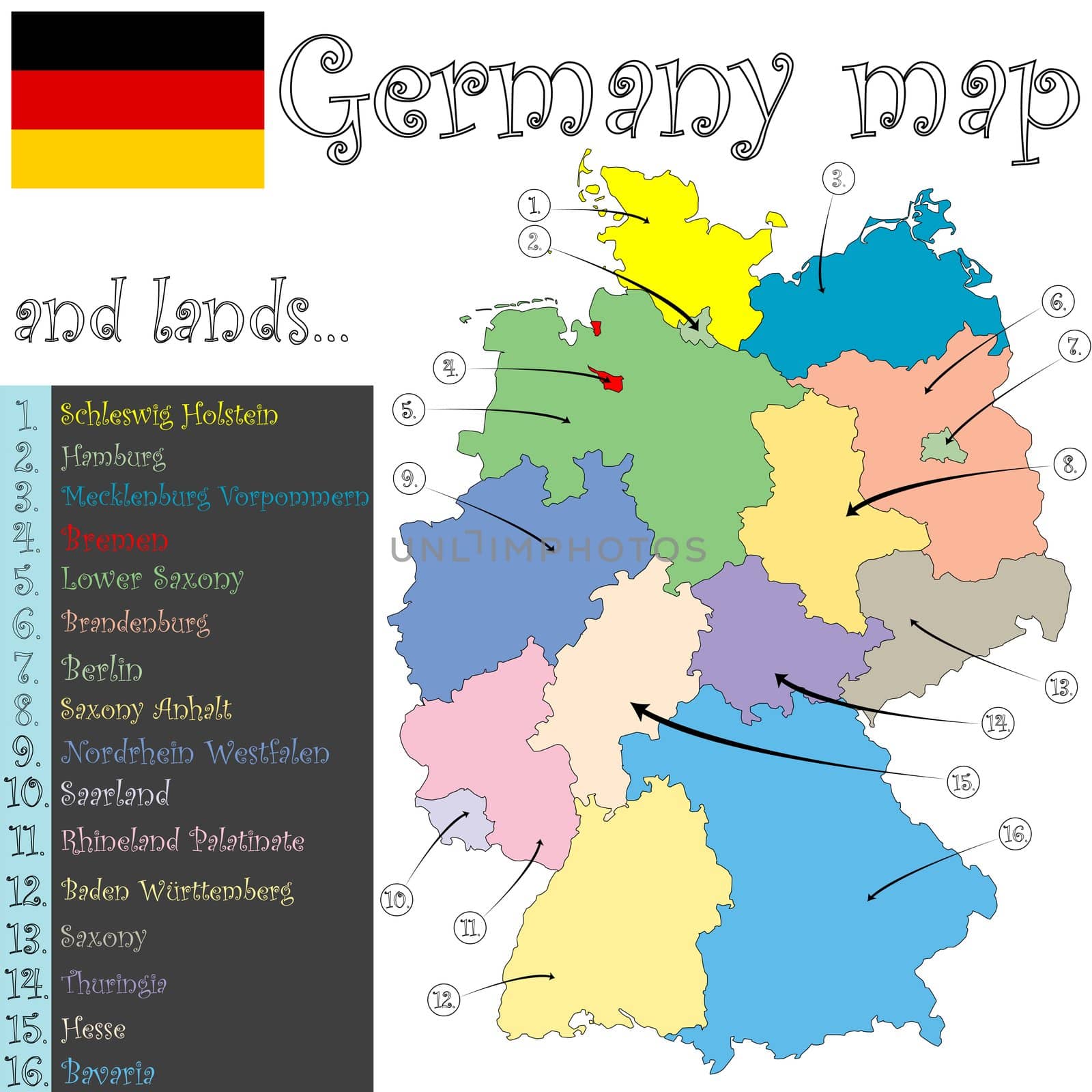 germany map and lands against white background, abstract vector art illustration