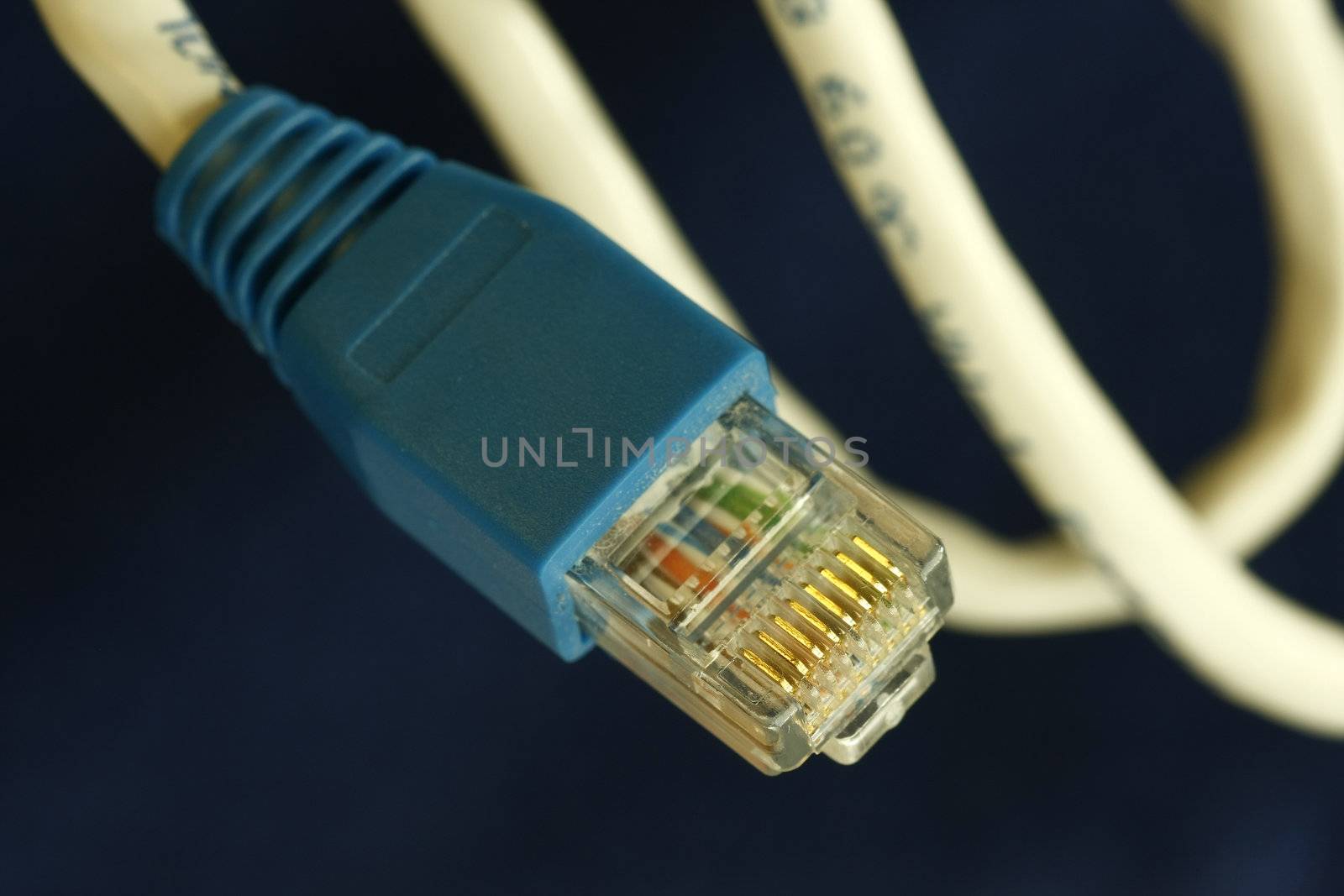 Macro shot of Ethernet Rj45 LAN Plug with cable.