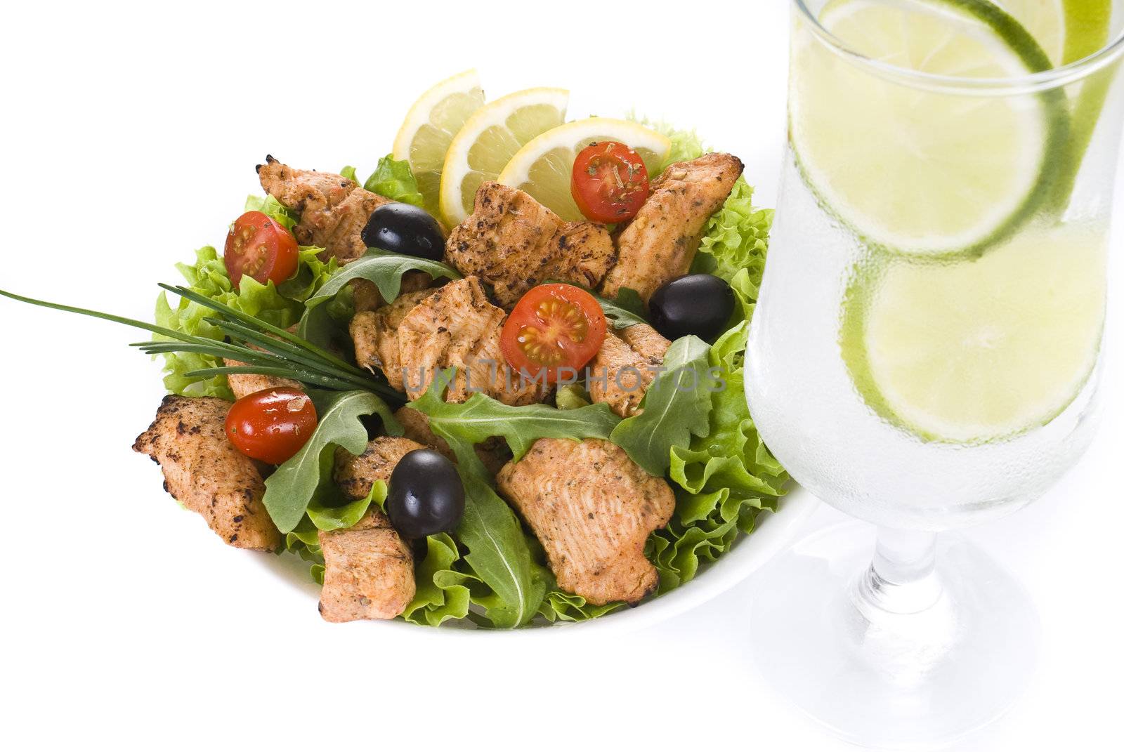 Chicken and vegetable  salad with drink by caldix