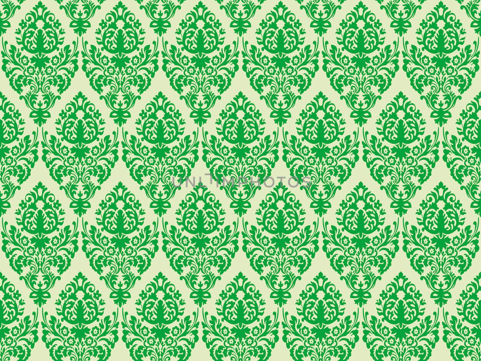 green damask seamless texture, abstract pattern; vector art illustration