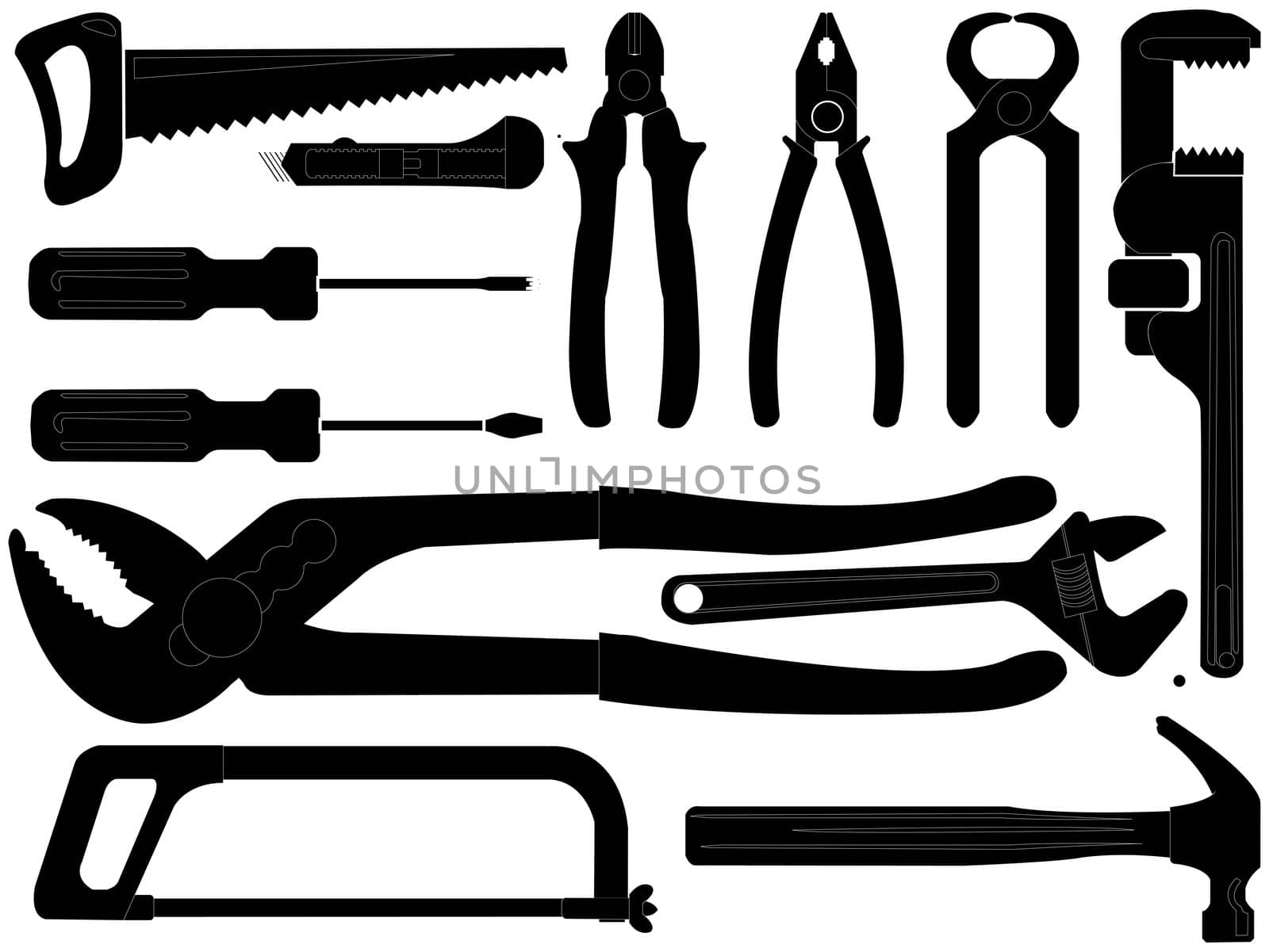 hand tools black silhouettes over white background, abstract vector art illustration