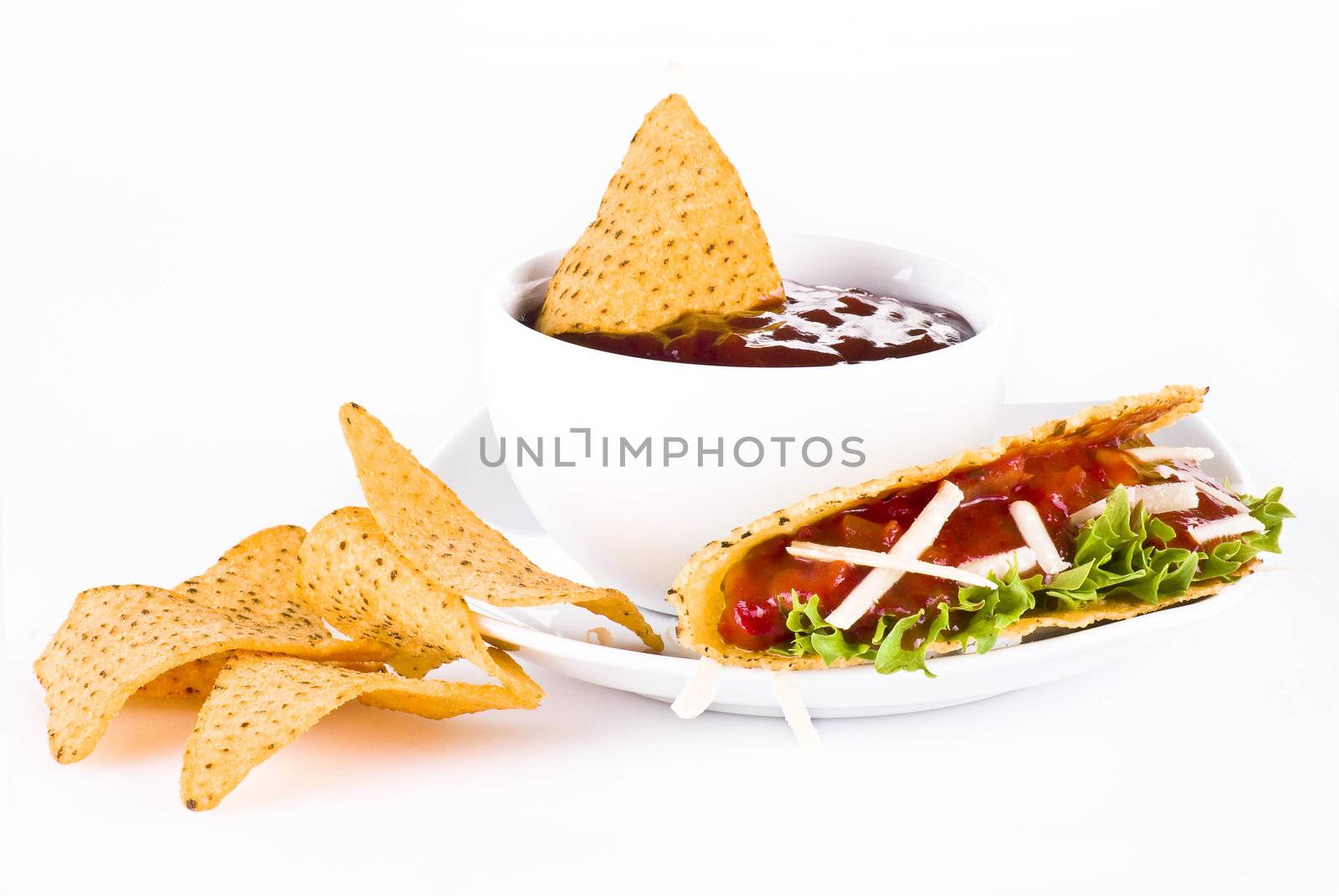 Mexican tacos with nachos  isolated over white background