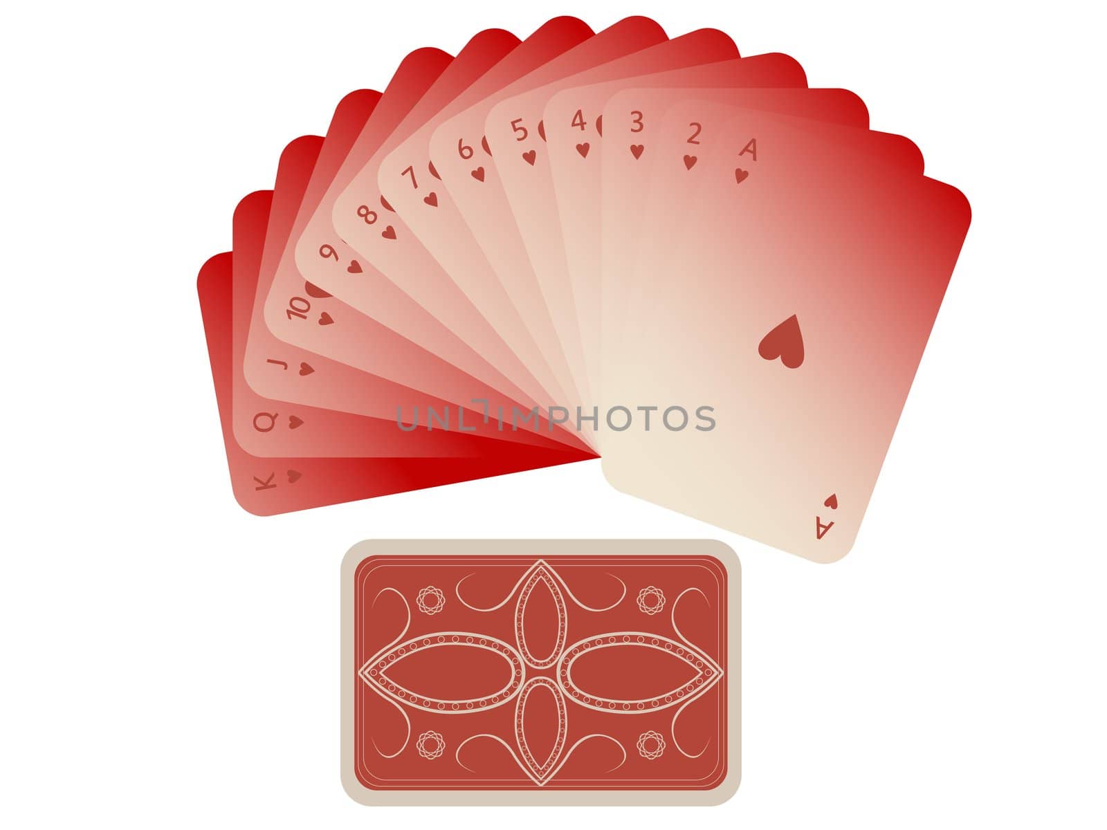 hearts cards fan with deck isolated on white, abstract art illustration