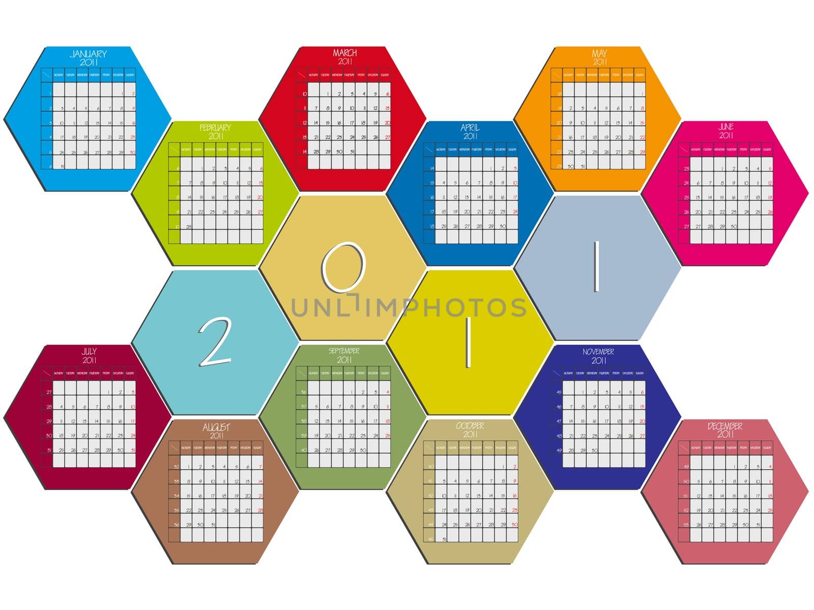 hexagonal calendar 2011 against white background, abstract vector art illustration