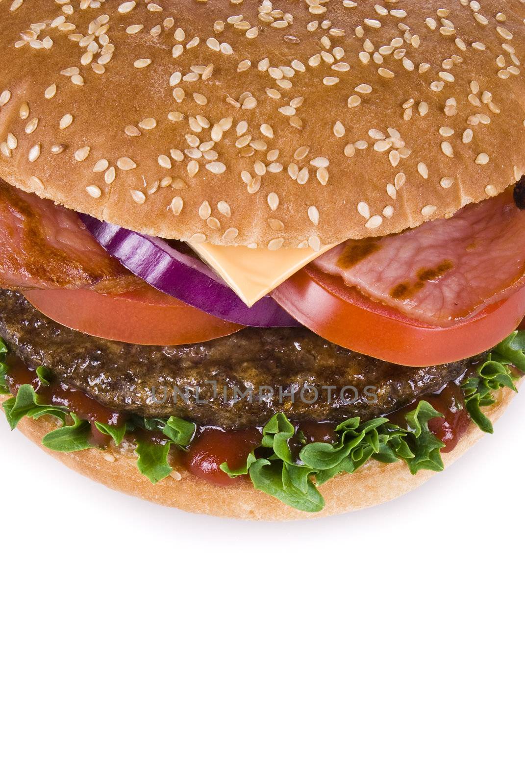 Beef and bacon burger isolated over white background