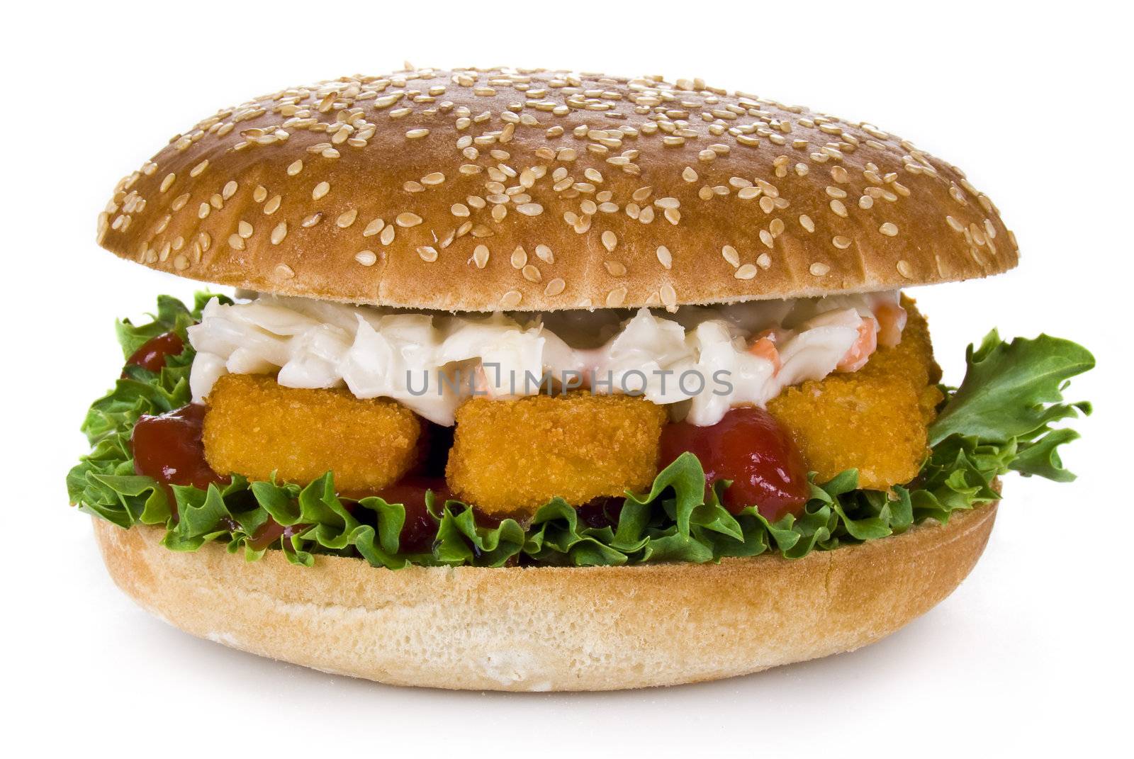 Burger with fish fingers and coleslaw salad - isolated