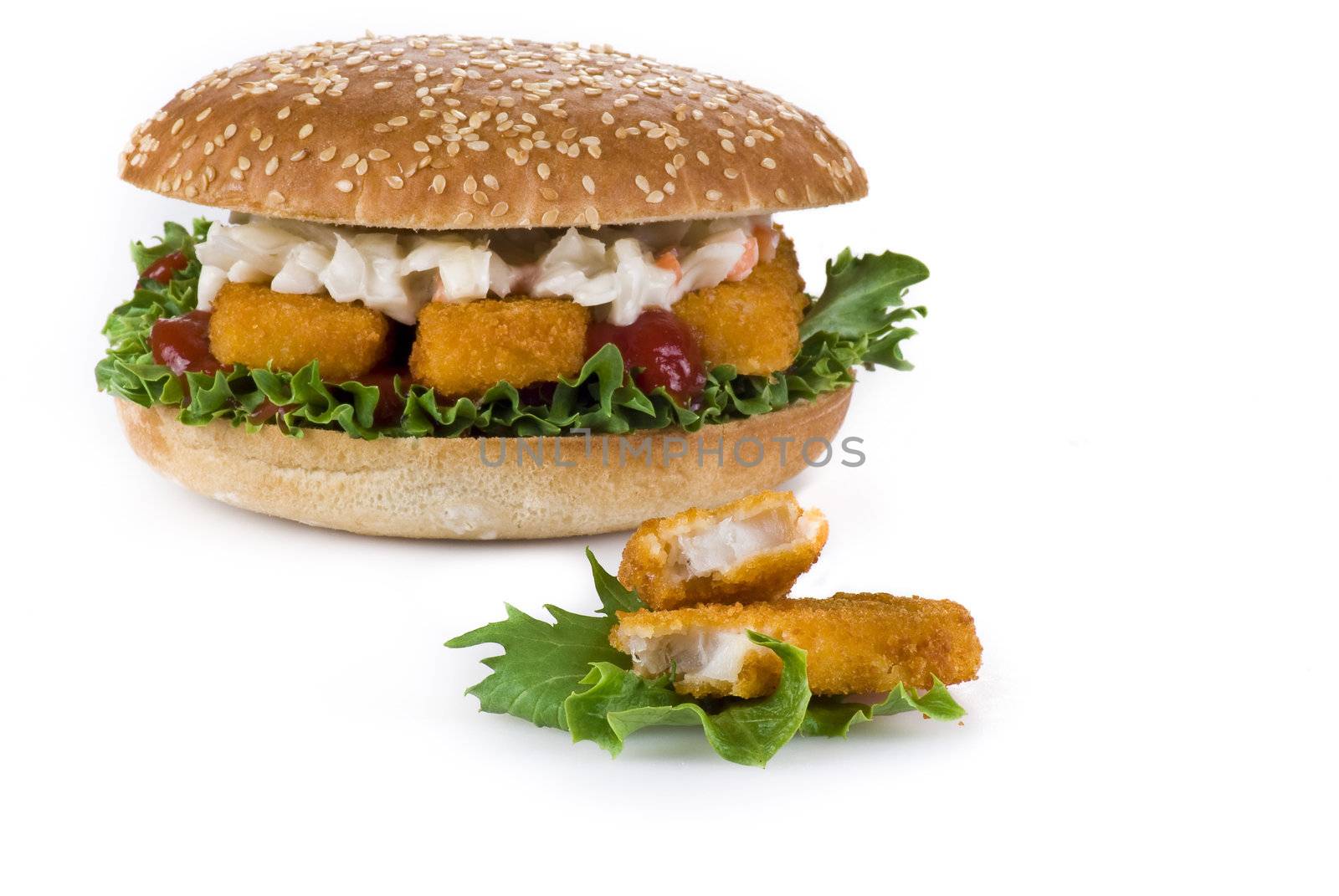 Burger with fish fingers and coleslaw salad - isolated