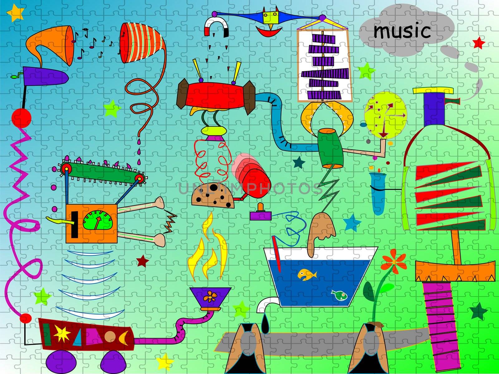 incredible machine puzzle, abstract art illustration