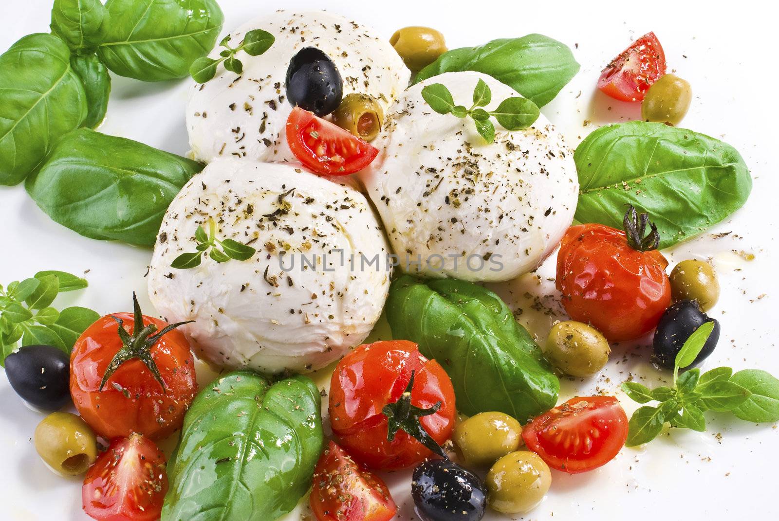 Mozzarella with fresh basil and  cherry tomatoes over extra virgin oil