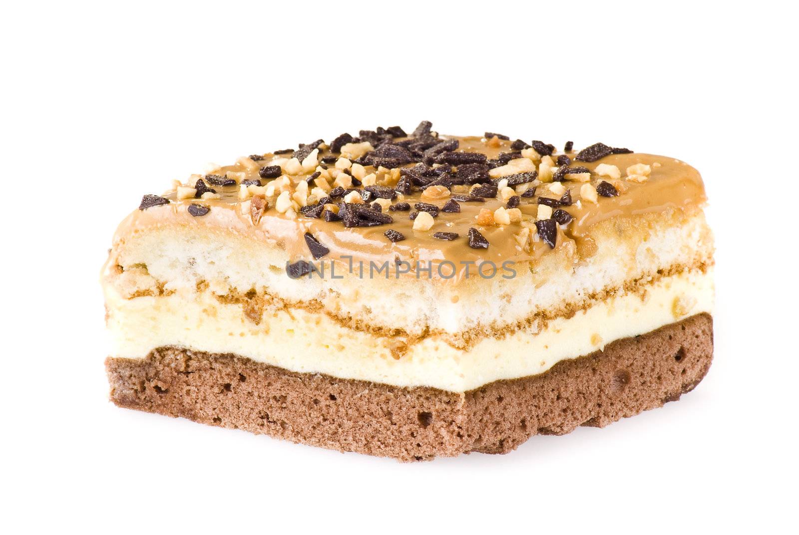 Freshly baked snickers cake isolated on white