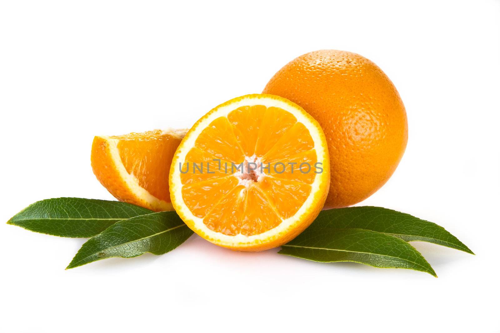 Orange fruits with leaves isolated over white background