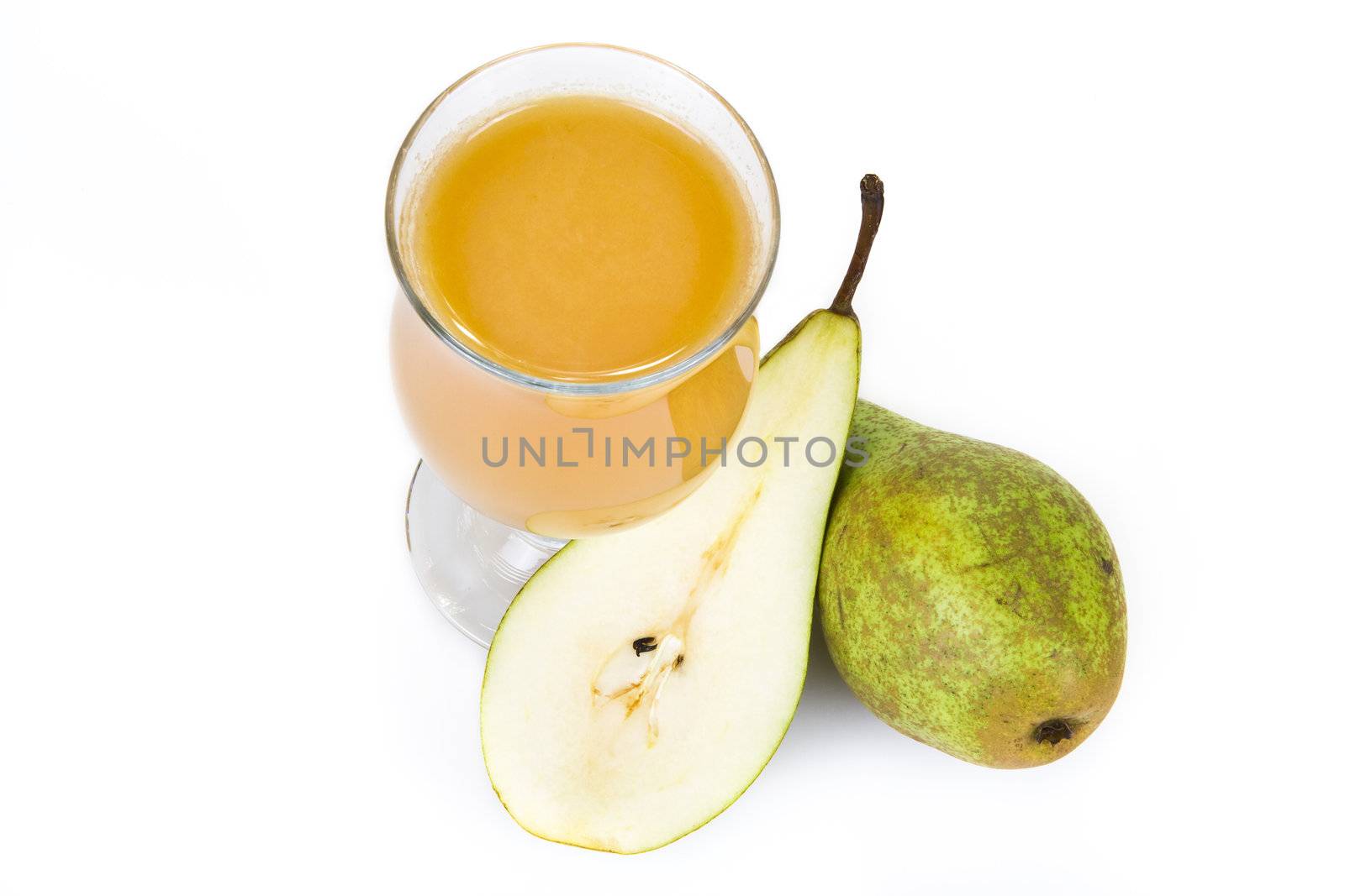 Pear juice with pear fruit isolated over white background