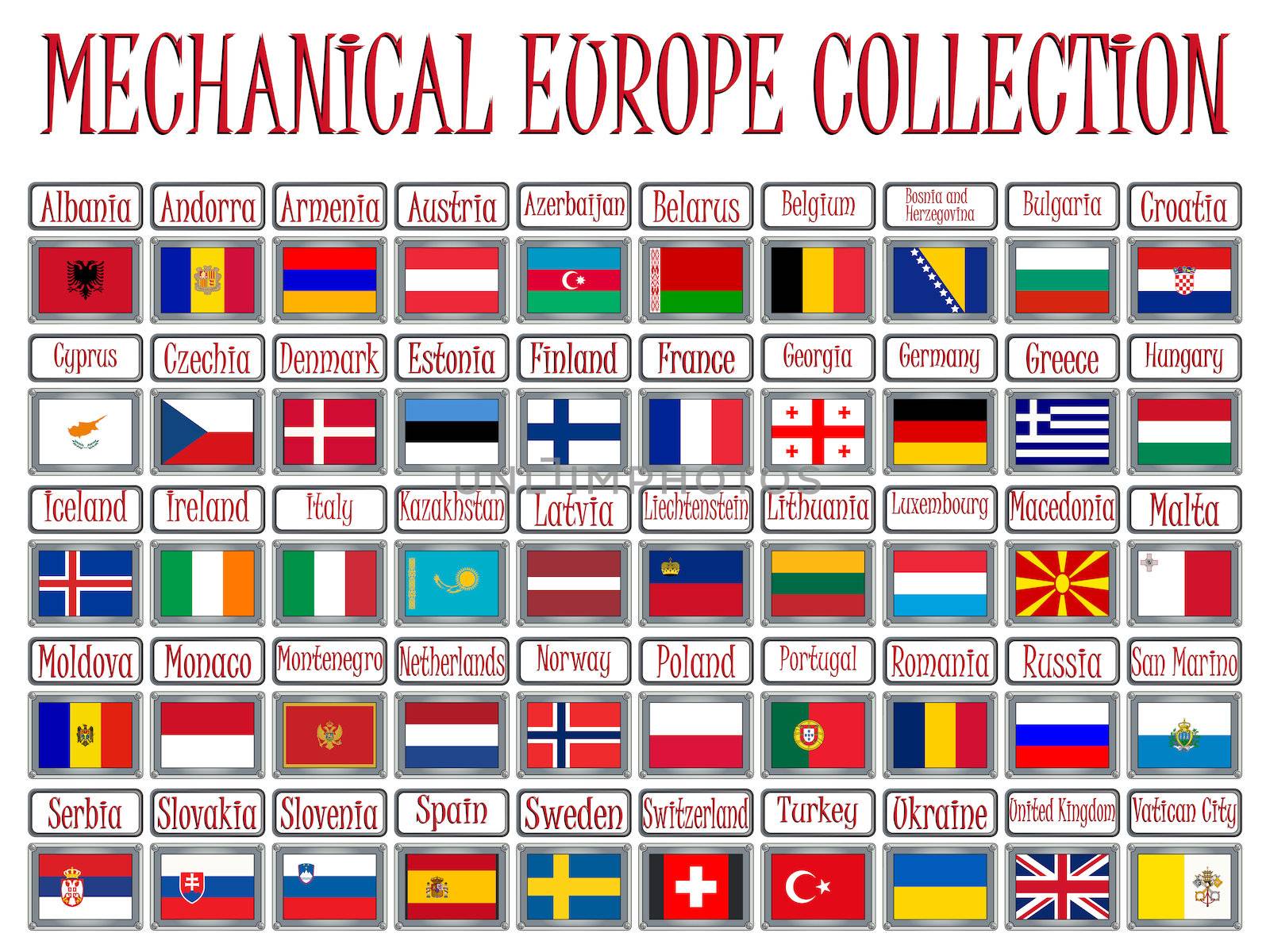 mechanical europe flags collection against white background, abstract vector art illustration