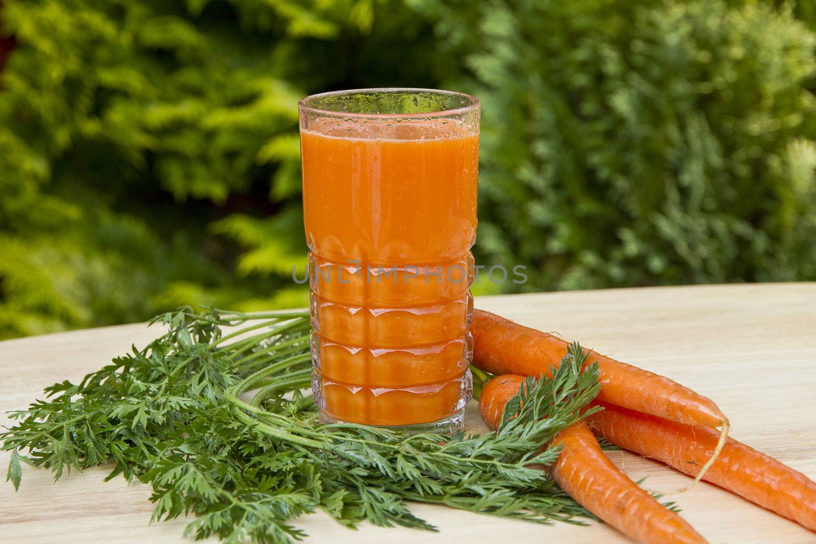 Glass of freshly made carrot juice with vegetables