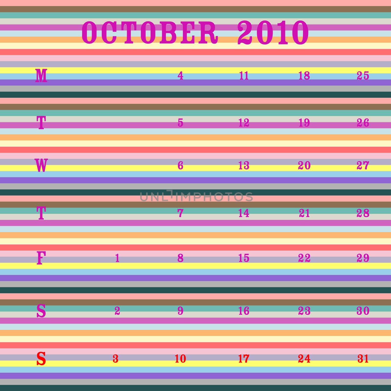 october 2010 calendar, vector art illustration