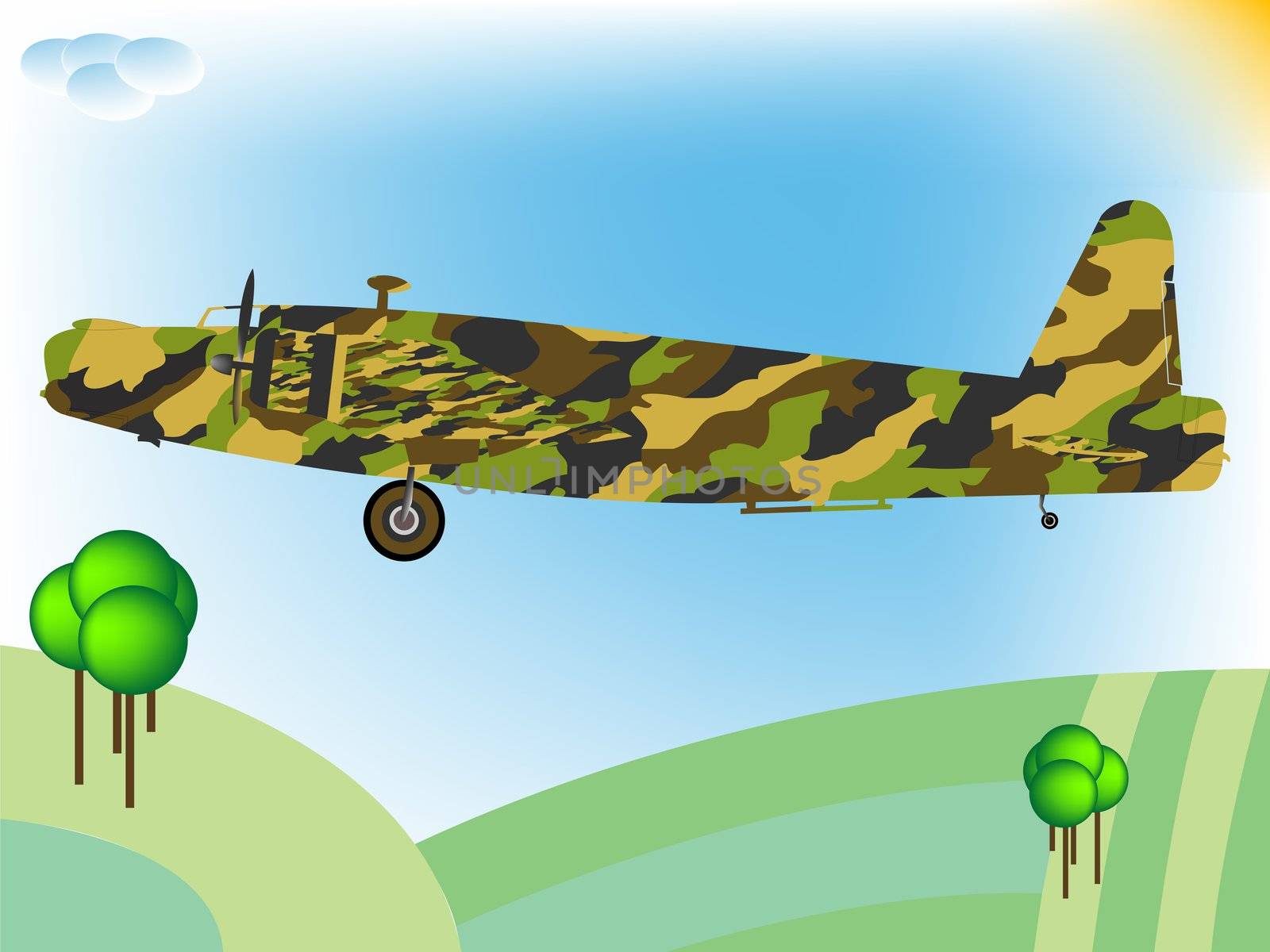 old military airplane flying; abstract art illustration